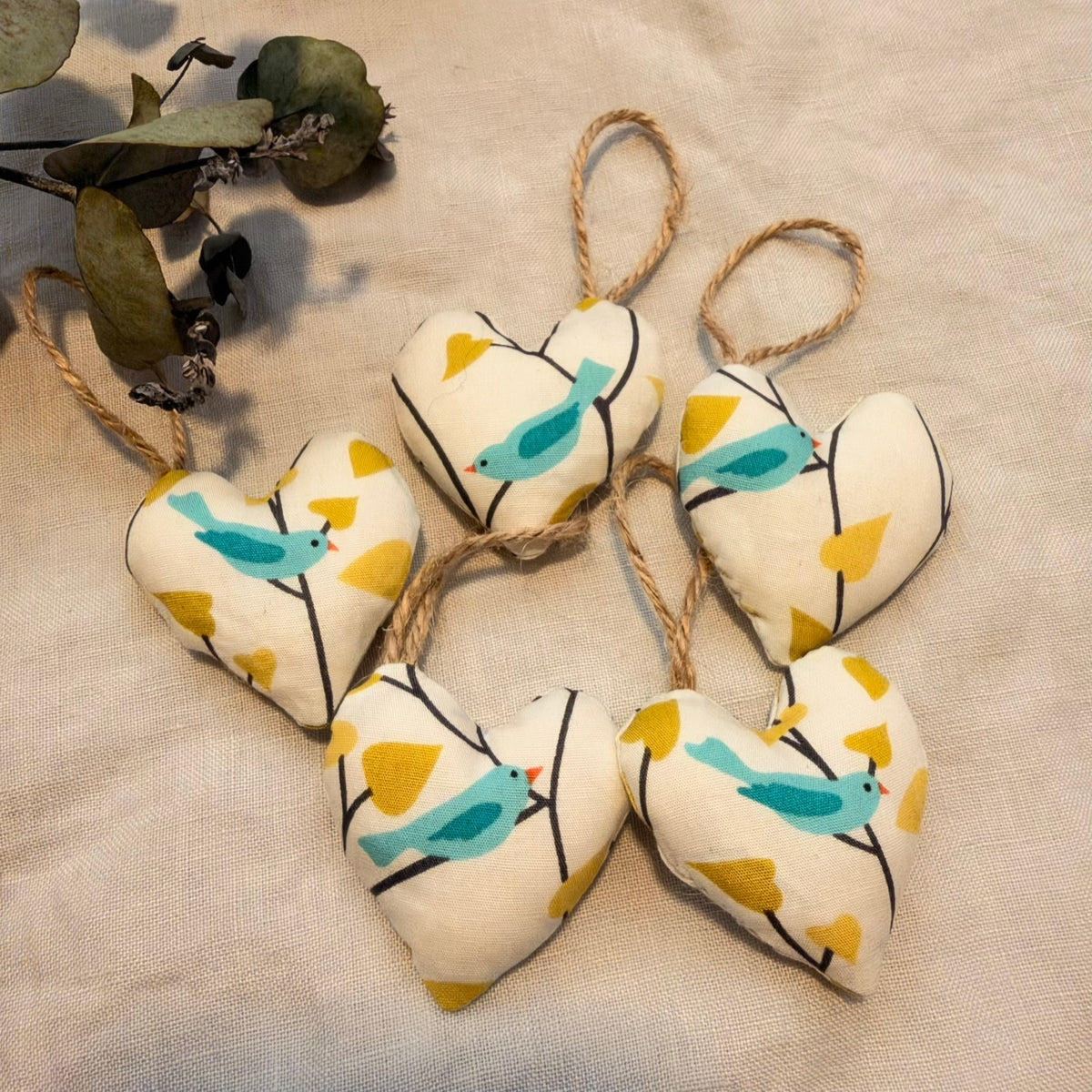 Little blue bird hearts - handmade with wool filling