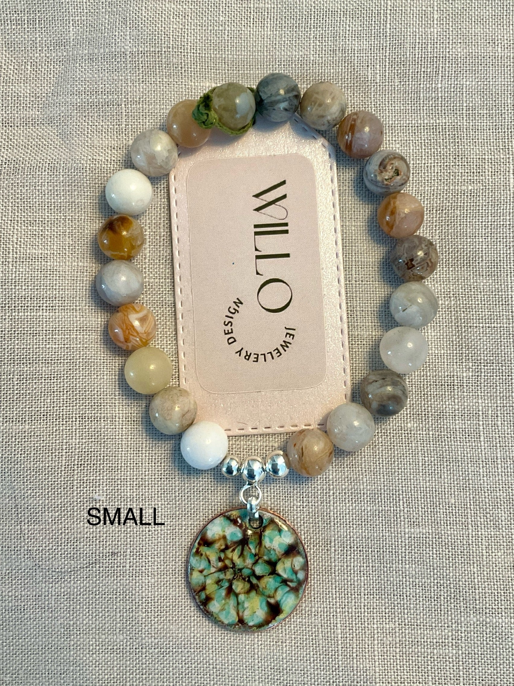 Bamboo Agate gemstone bracelet with enamel charm