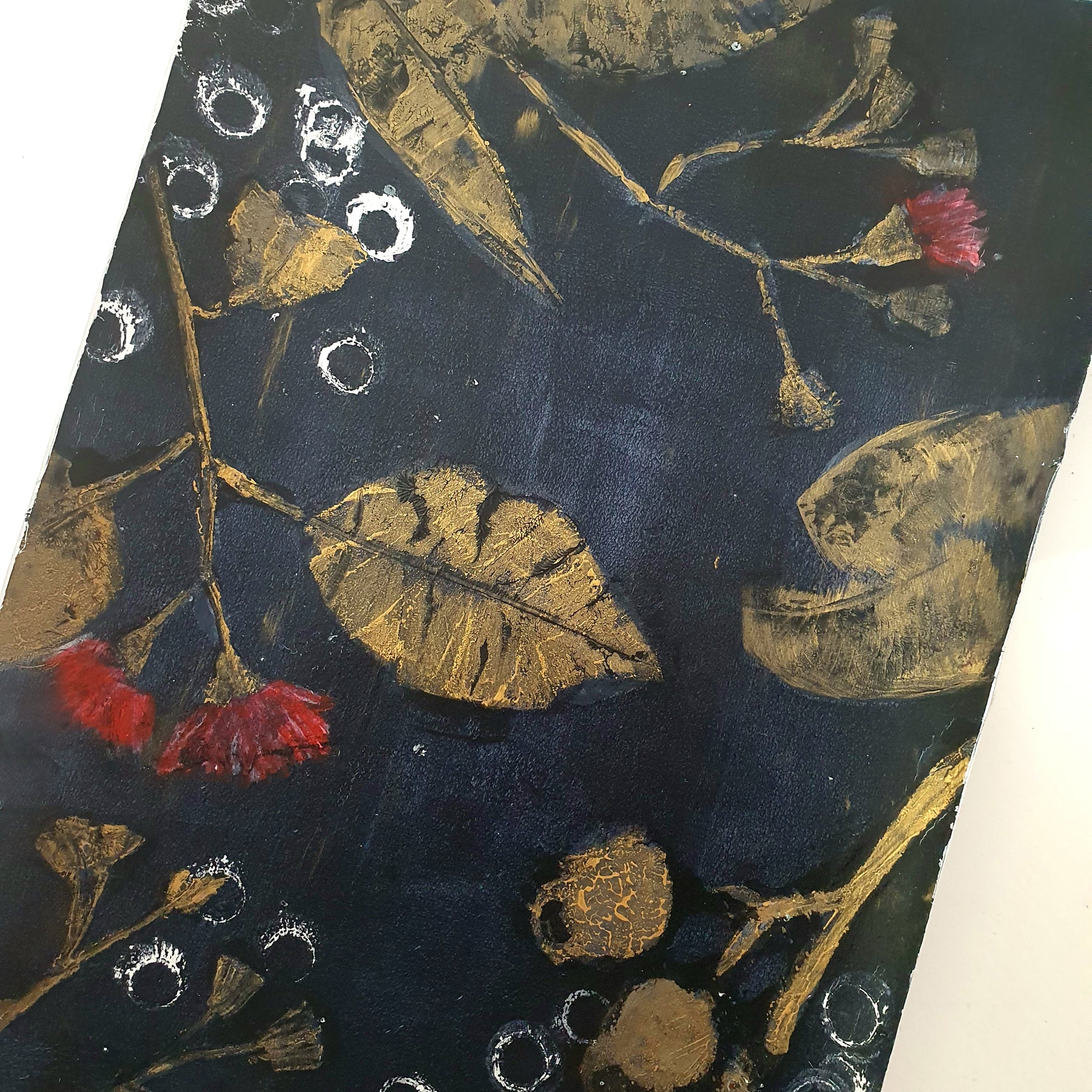 Leaves, gumnuts and blossoms | Acrylic monoprint on paper | Original Art | A4