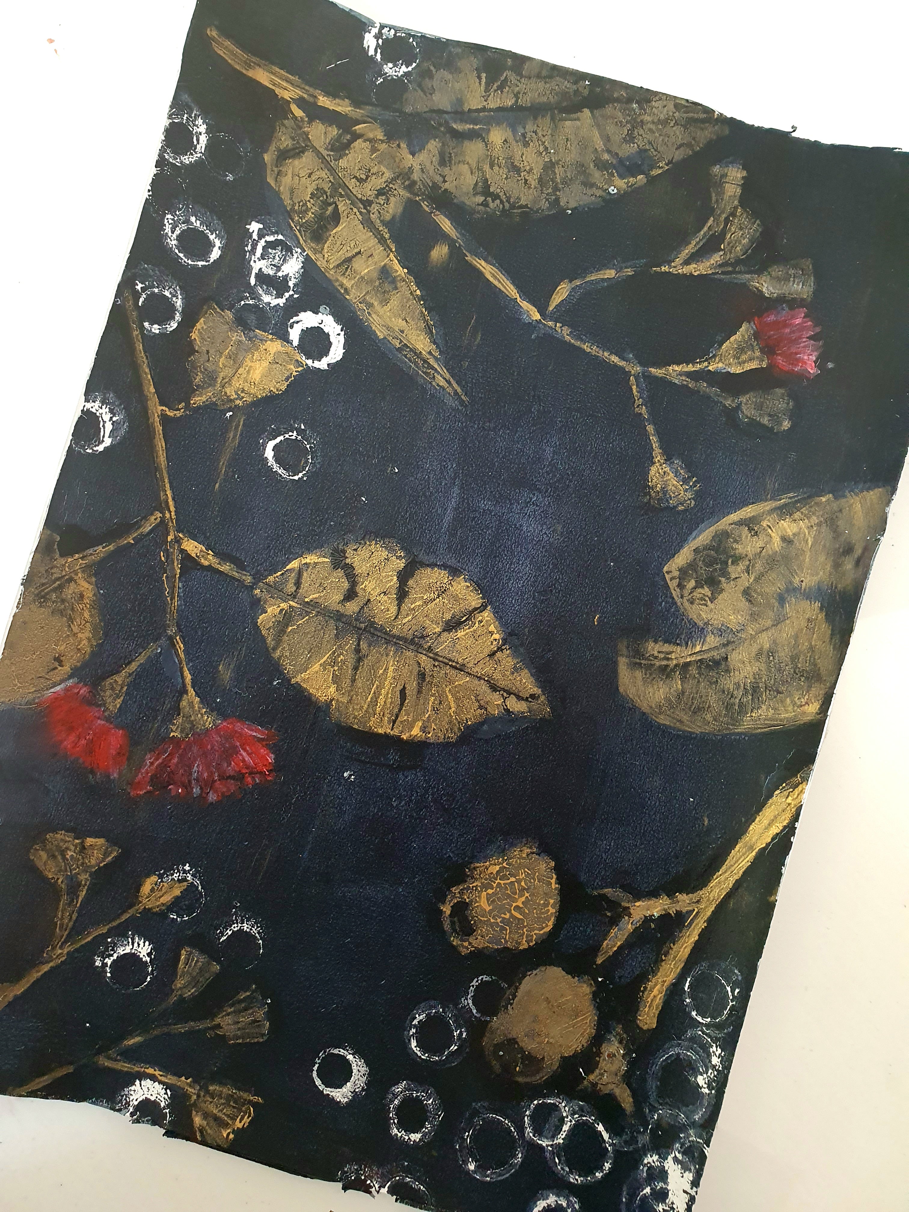 Leaves, gumnuts and blossoms | Acrylic monoprint on paper | Original Art | A4