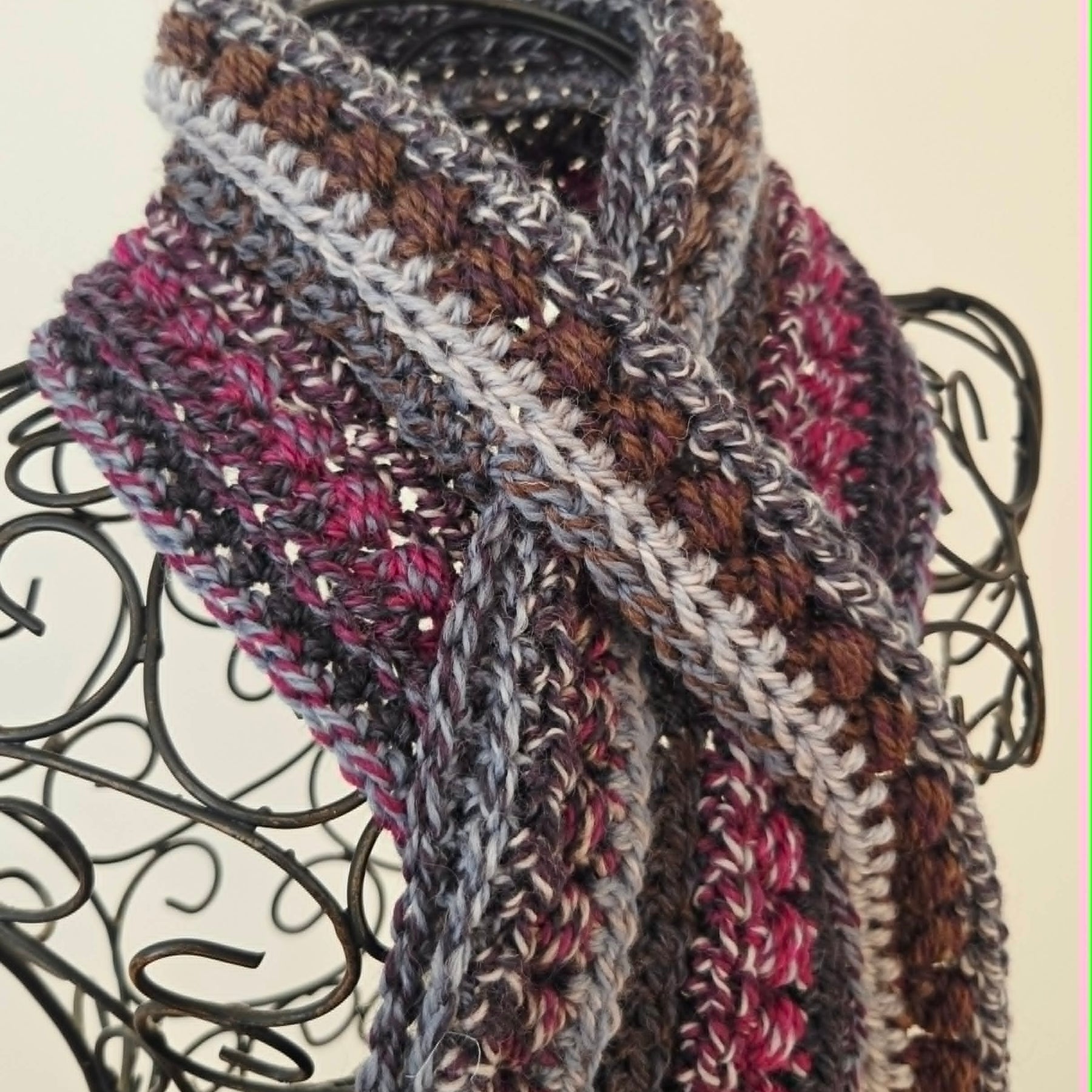 Crochet Keyhole Scarf | Handmade Adult Neckwarmer | Mahogany Grey tones