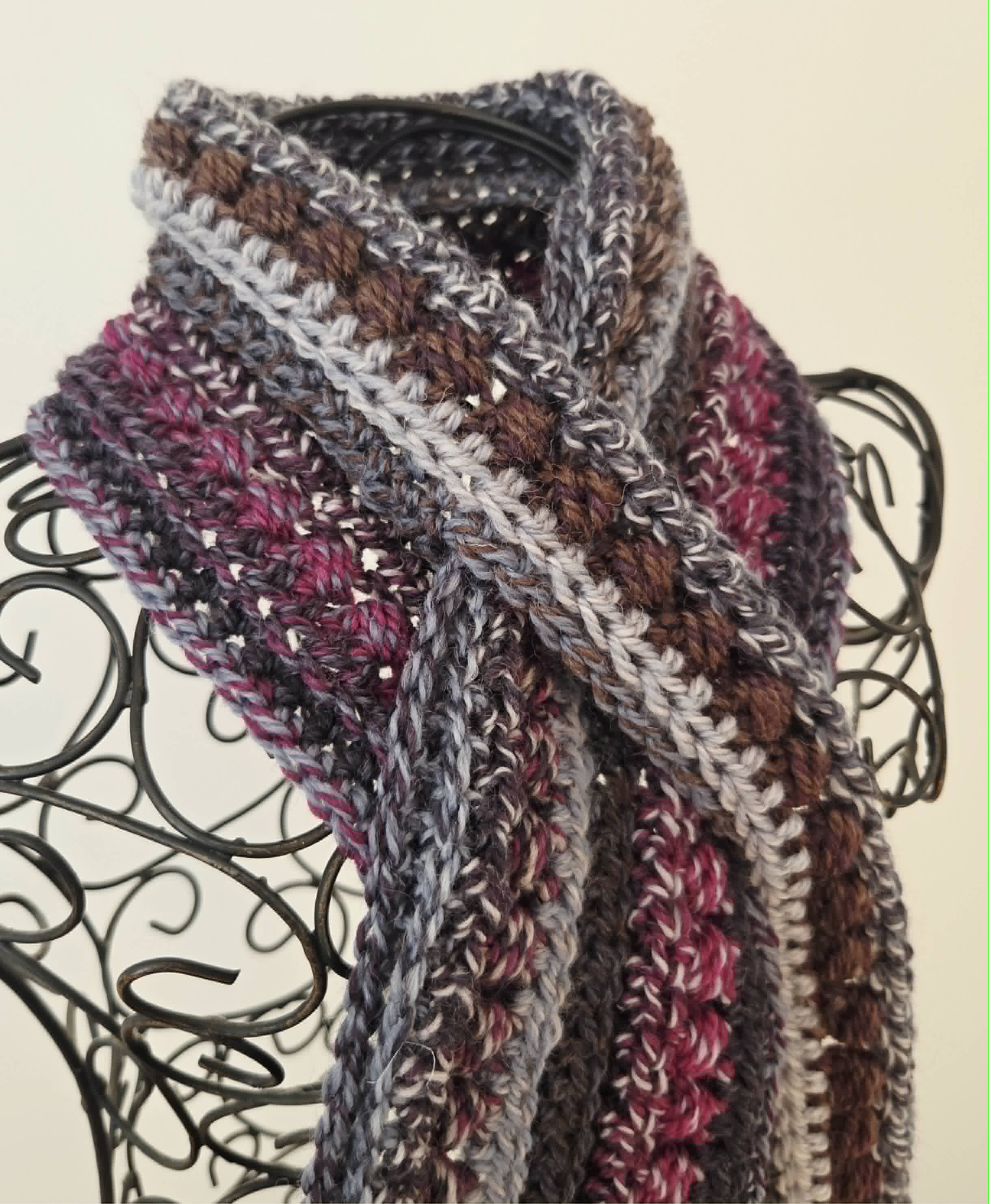 Crochet Keyhole Scarf | Handmade Adult Neckwarmer | Mahogany Grey tones