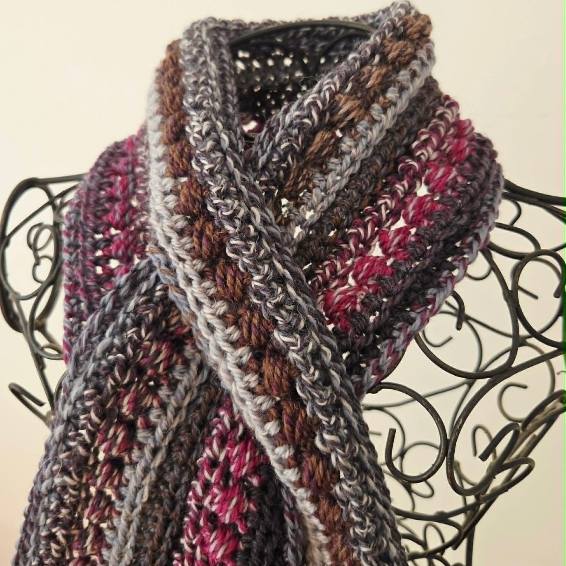 Crochet Keyhole Scarf | Handmade Adult Neckwarmer | Mahogany Grey tones