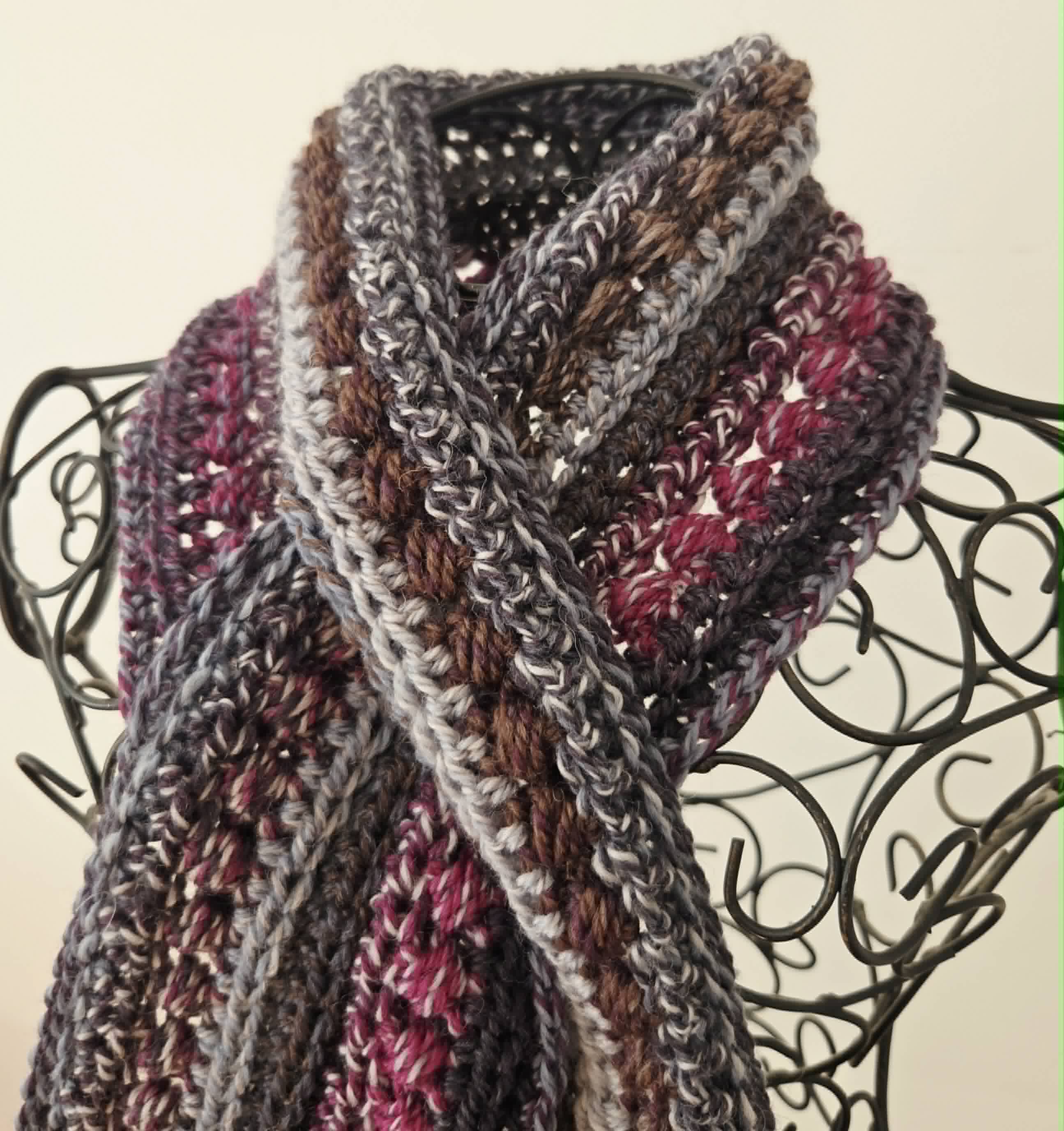 Crochet Keyhole Scarf | Handmade Adult Neckwarmer | Mahogany Grey tones