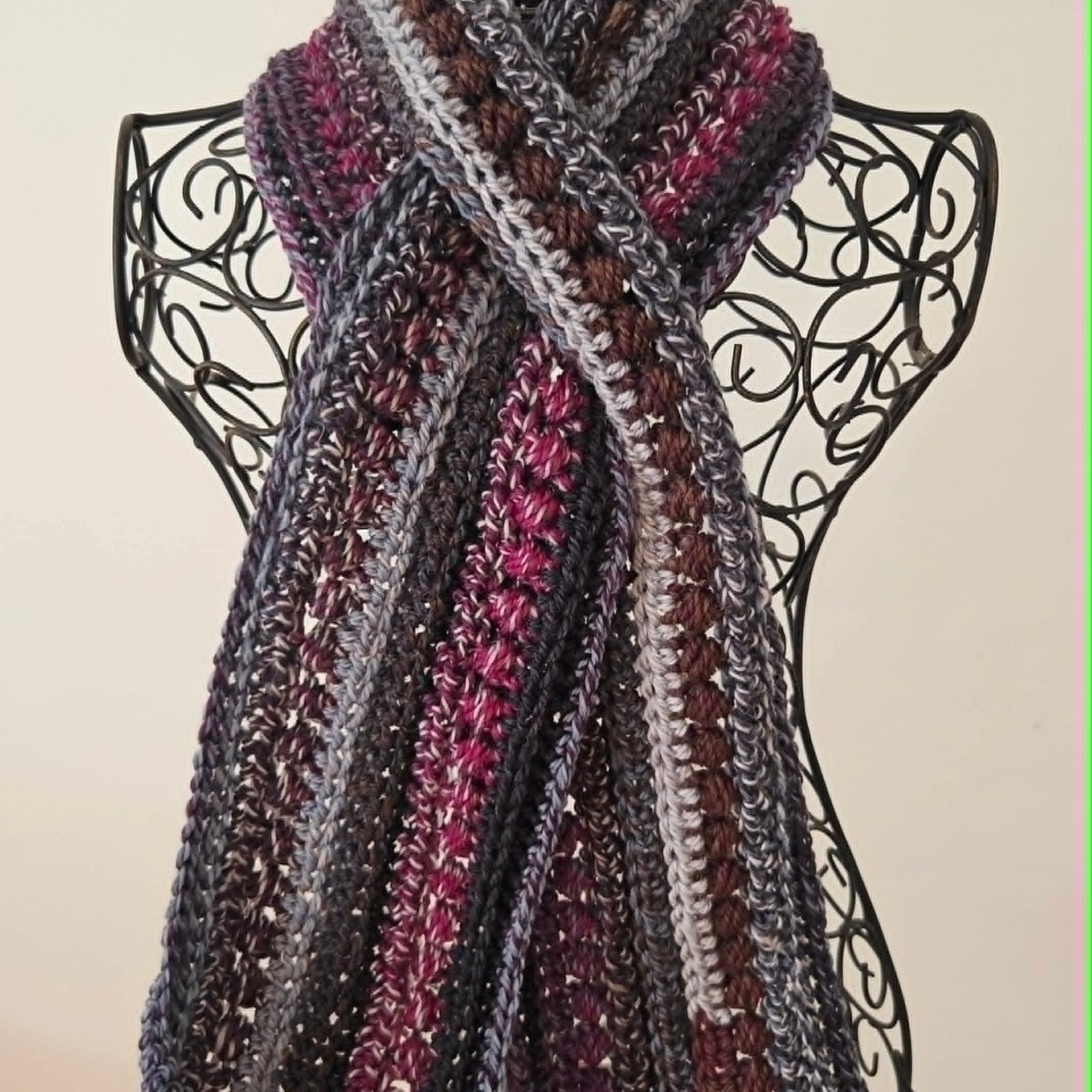 Crochet Keyhole Scarf | Handmade Adult Neckwarmer | Mahogany Grey tones