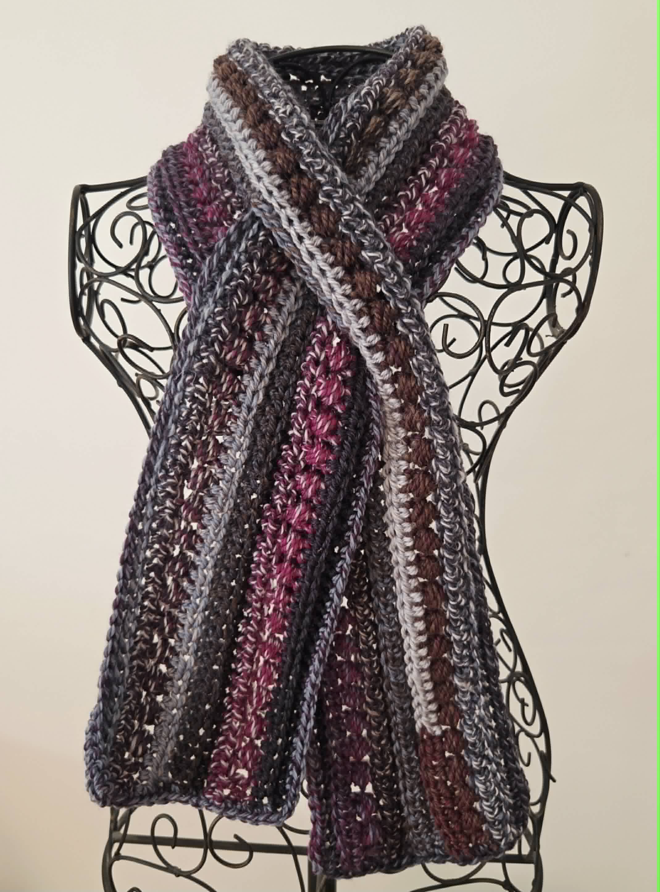 Crochet Keyhole Scarf | Handmade Adult Neckwarmer | Mahogany Grey tones