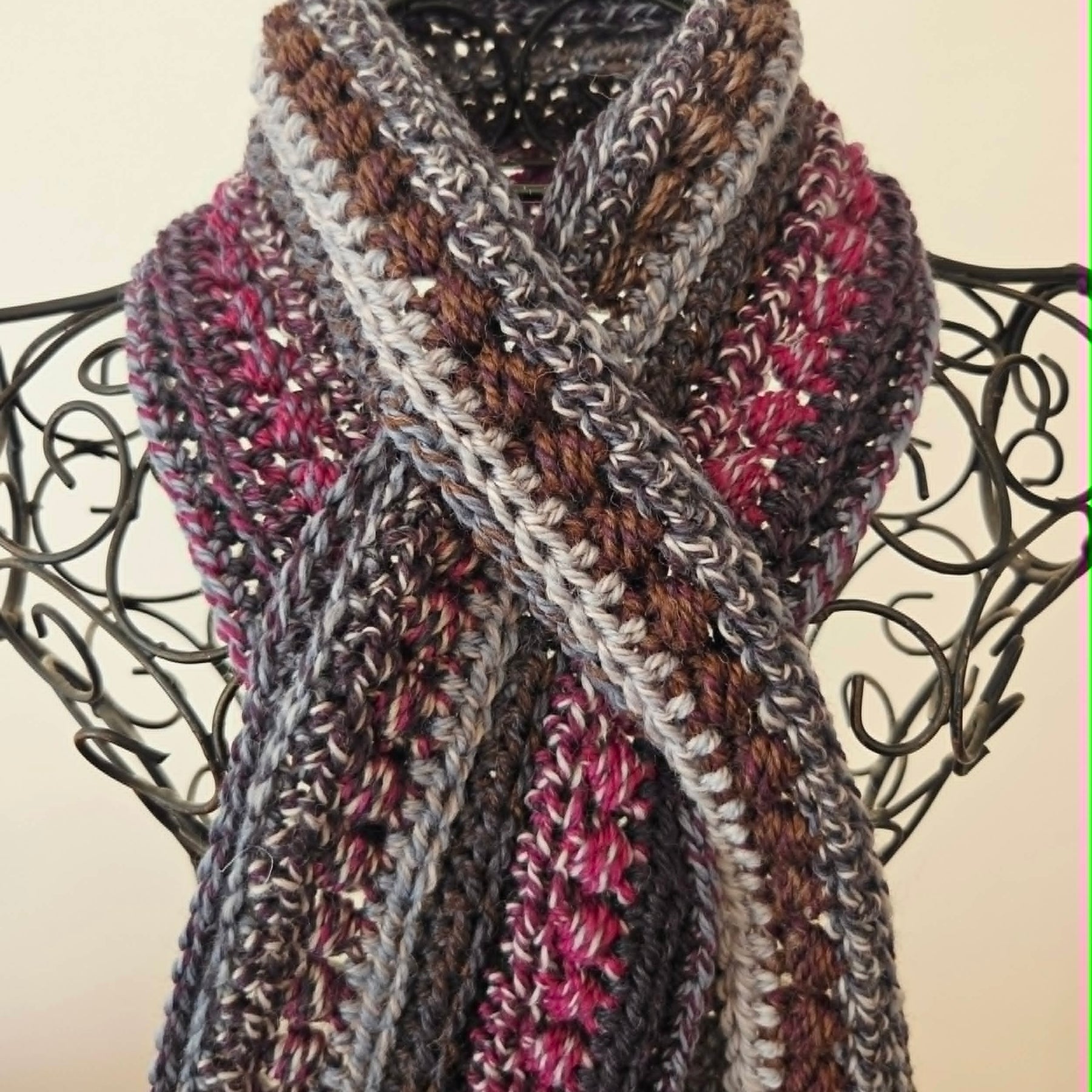 Crochet Keyhole Scarf | Handmade Adult Neckwarmer | Mahogany Grey tones