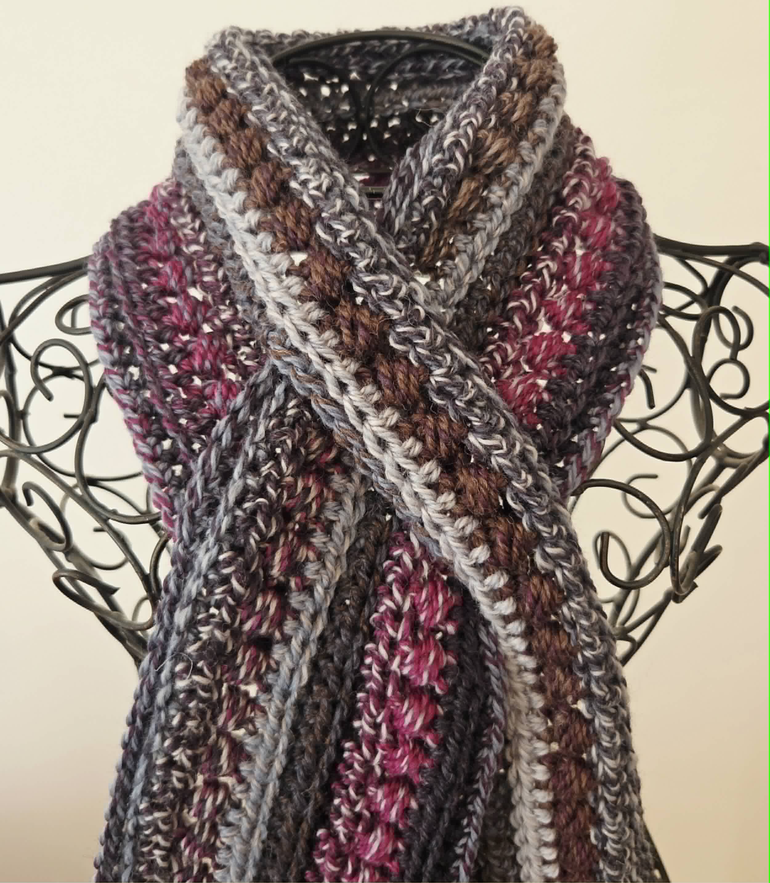 Crochet Keyhole Scarf | Handmade Adult Neckwarmer | Mahogany Grey tones