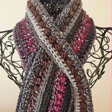Crochet Keyhole Scarf | Handmade Adult Neckwarmer | Mahogany Grey tones