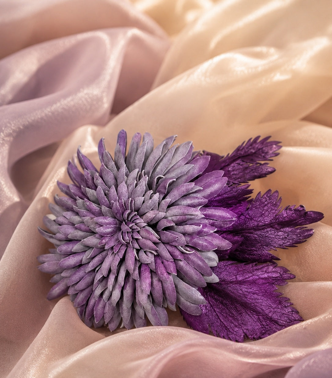 Leather Chrysanthemum "Twilight Amethyst", pin Brooch, hair/hat clip. corsage flower