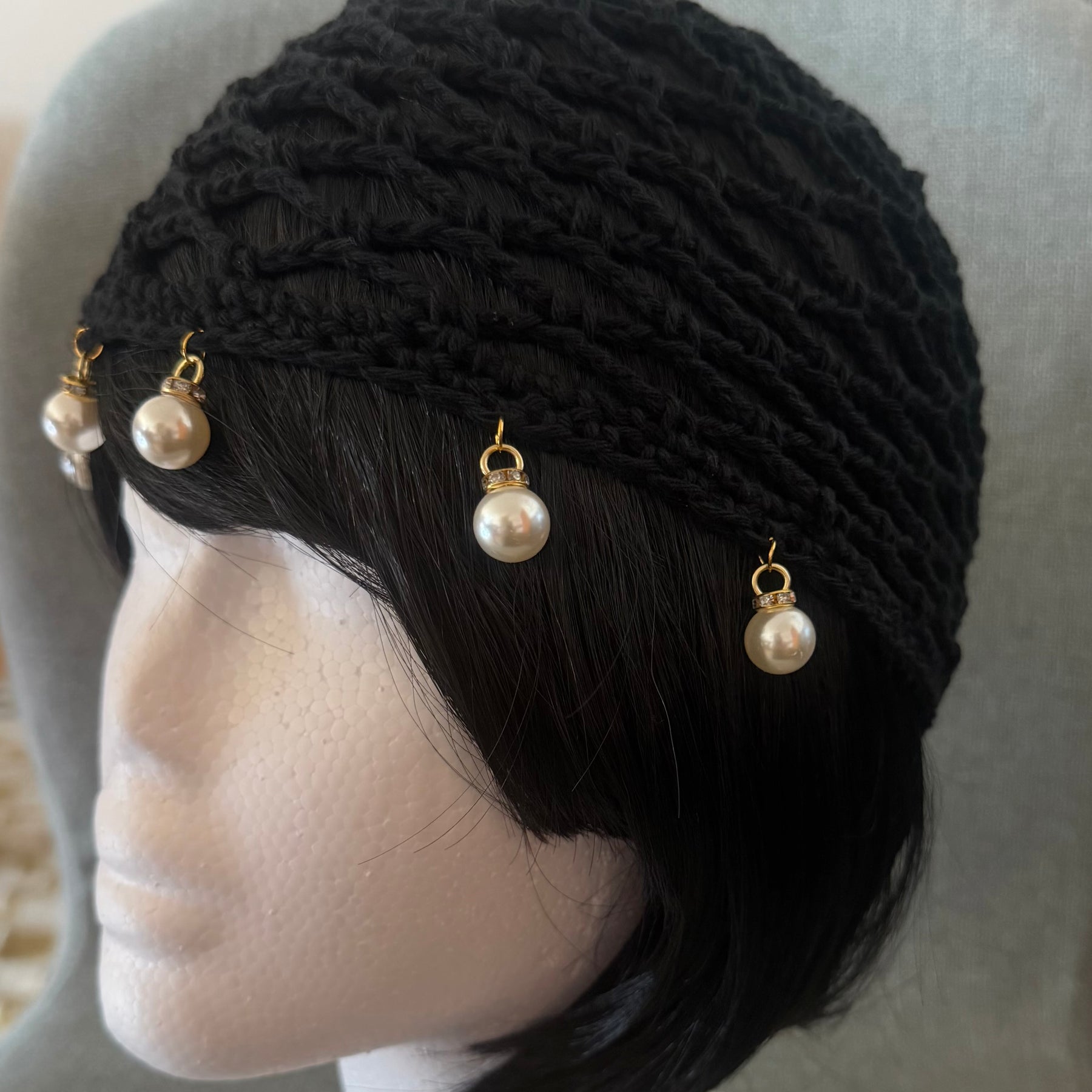 Black Cotton Crochet Hat with Pearl Charms