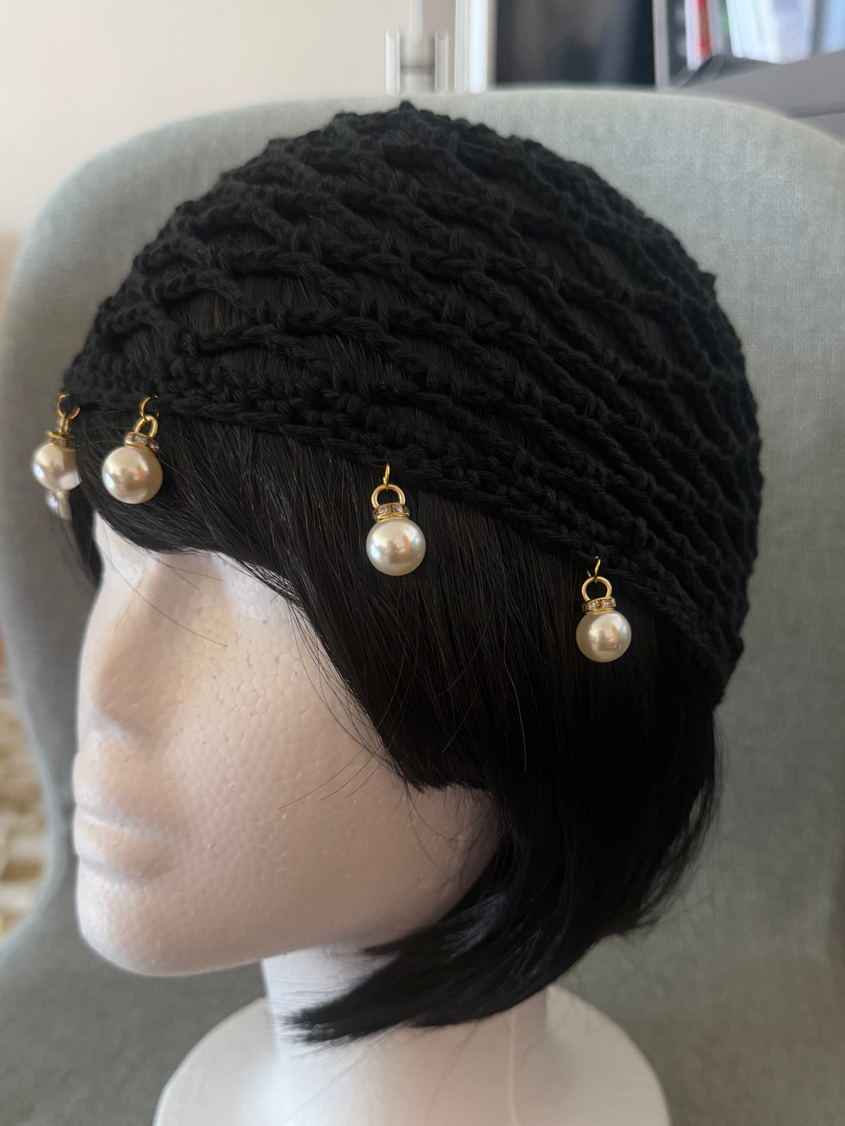 Black Cotton Crochet Hat with Pearl Charms