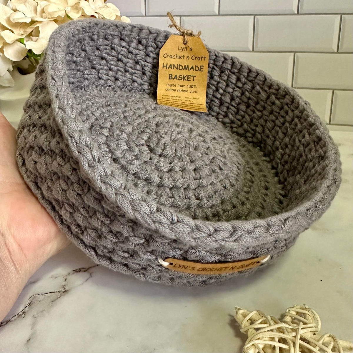 Handcrafted Grey Crochet Basket – Elegant Practical Storage