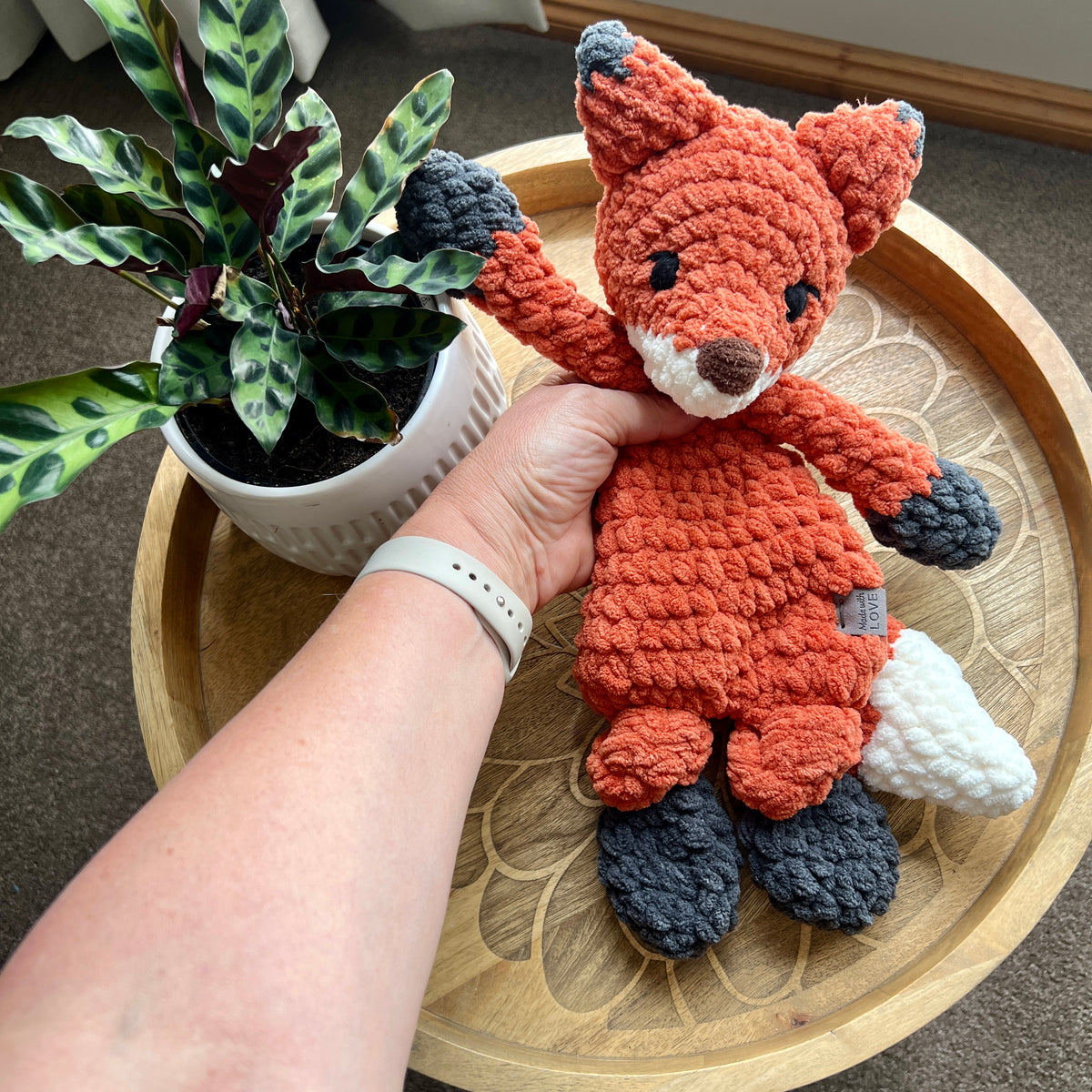 Handmade modern crochet toy Fox lovey snuggler plushie.