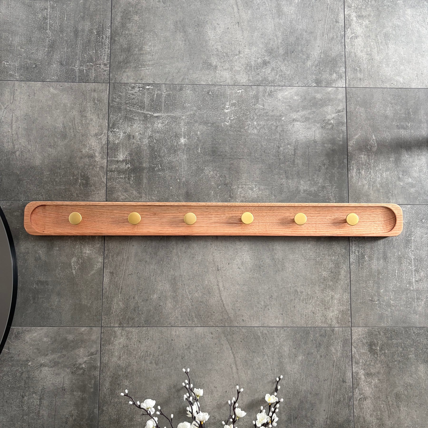 No.1 Tasmanian oak coat rack with gold hooks
