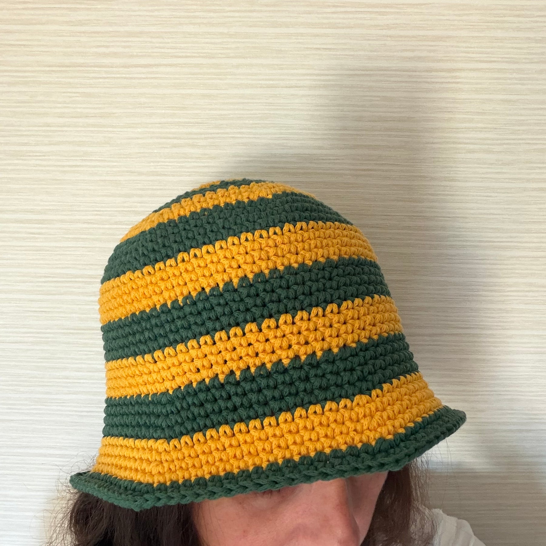 Handmade Australian Green & Gold Crochet Bucket Hat Cricket Season Hat