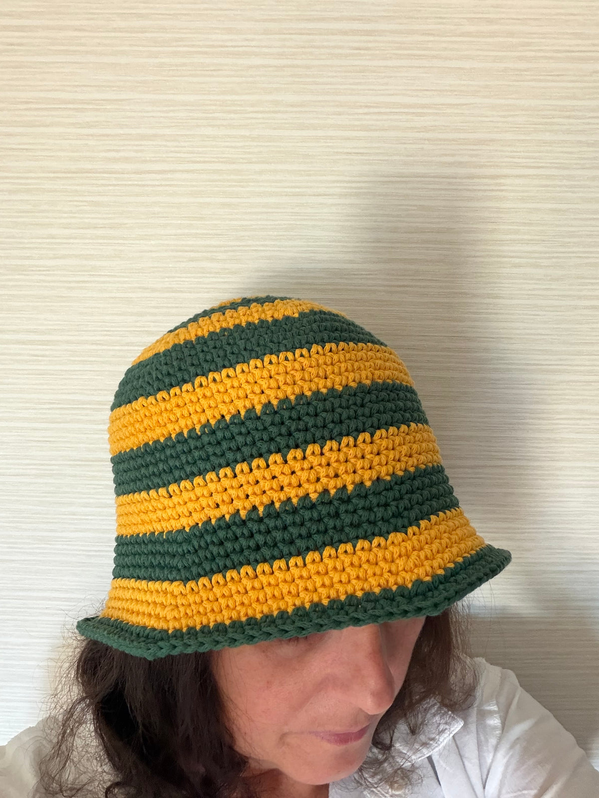 Handmade Australian Green & Gold Crochet Bucket Hat Cricket Season Hat