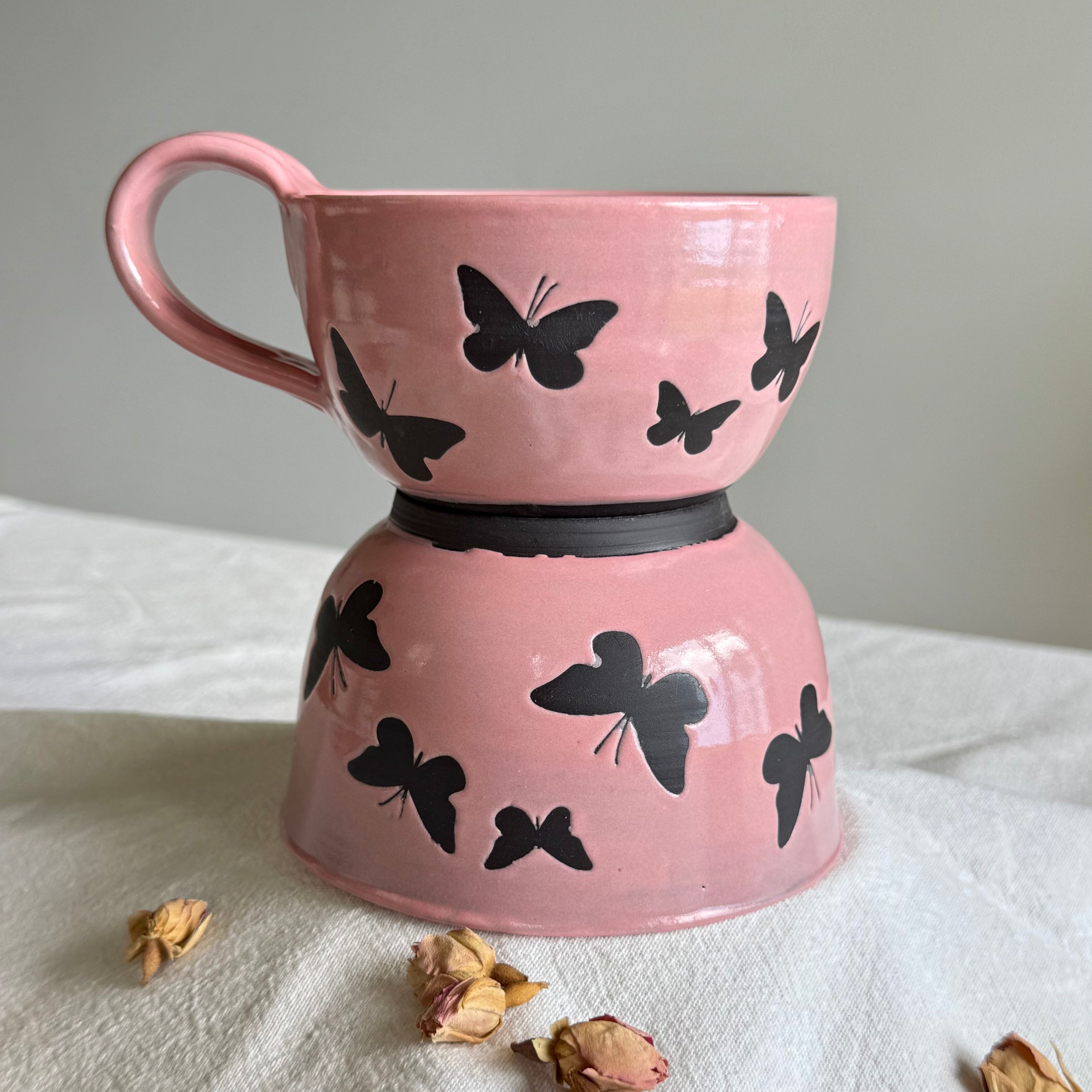 Papillon Noir | 2 Piece Breakfast Set | Pink | Black Clay | Wheel Thrown Pottery
