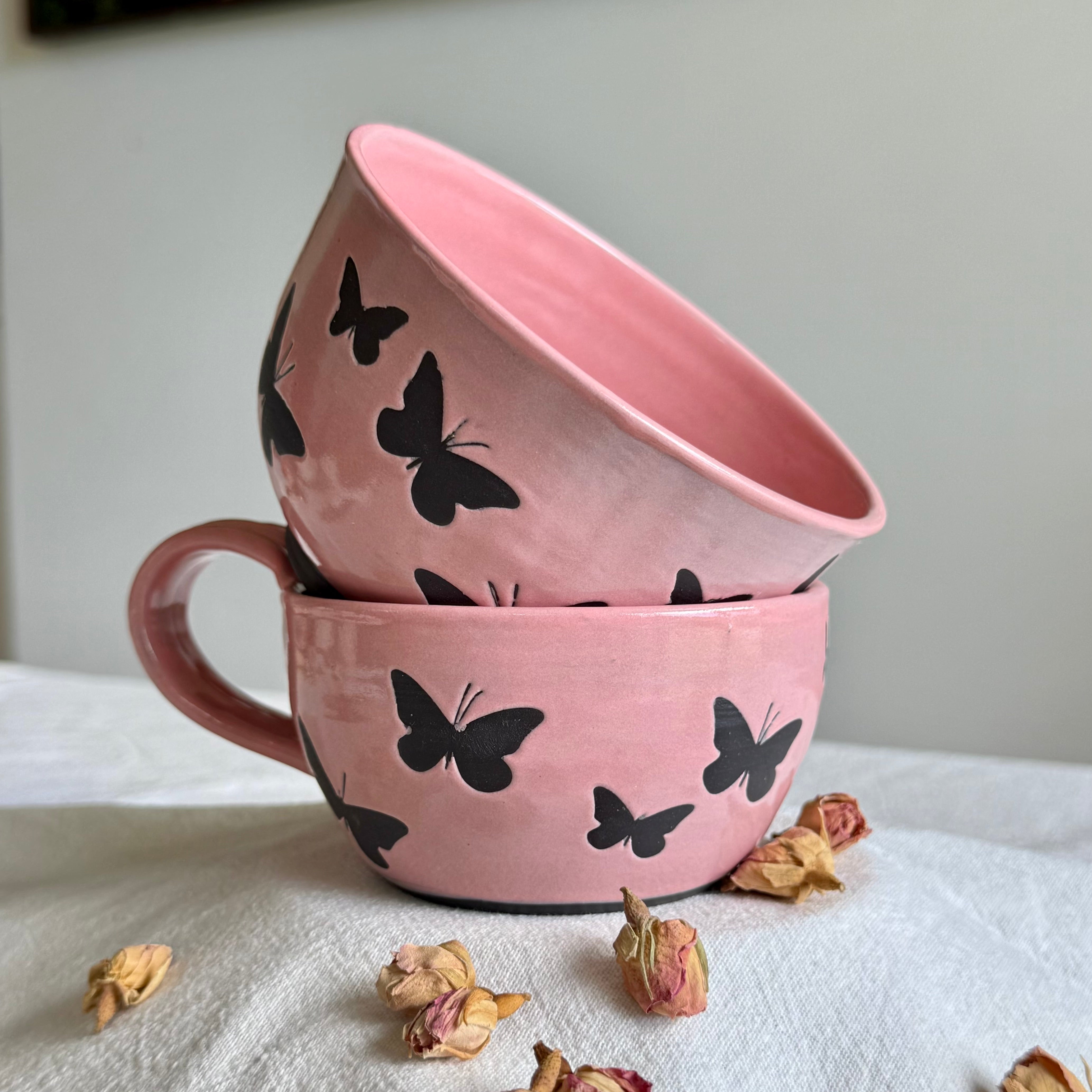 Papillon Noir | 2 Piece Breakfast Set | Pink | Black Clay | Wheel Thrown Pottery