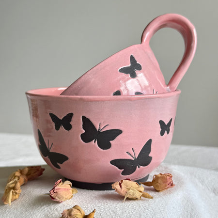 Papillon Noir | 2 Piece Breakfast Set | Pink | Black Clay | Wheel Thrown Pottery