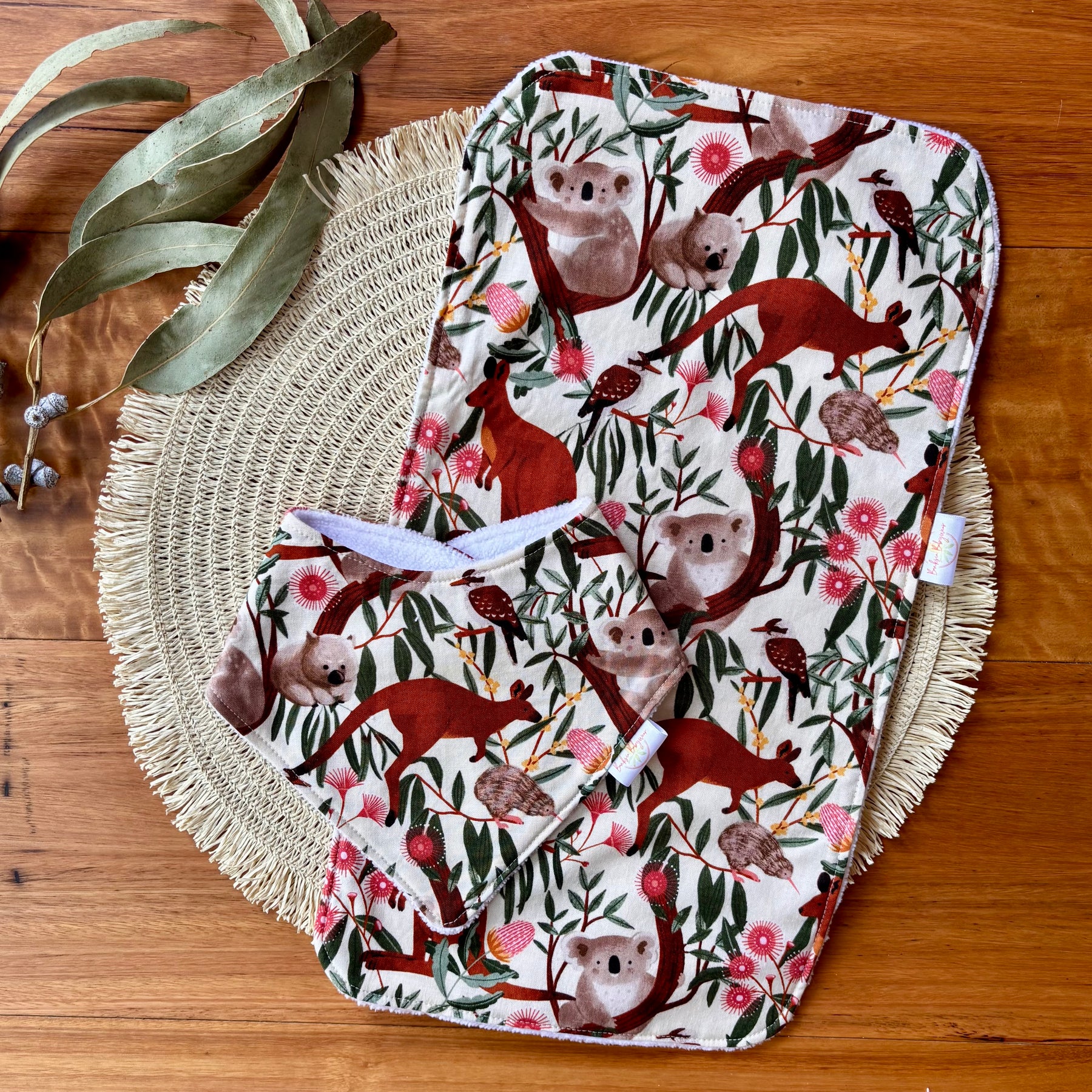 Baby Bib and Burp Cloth Set - Climbing Aussie Animals