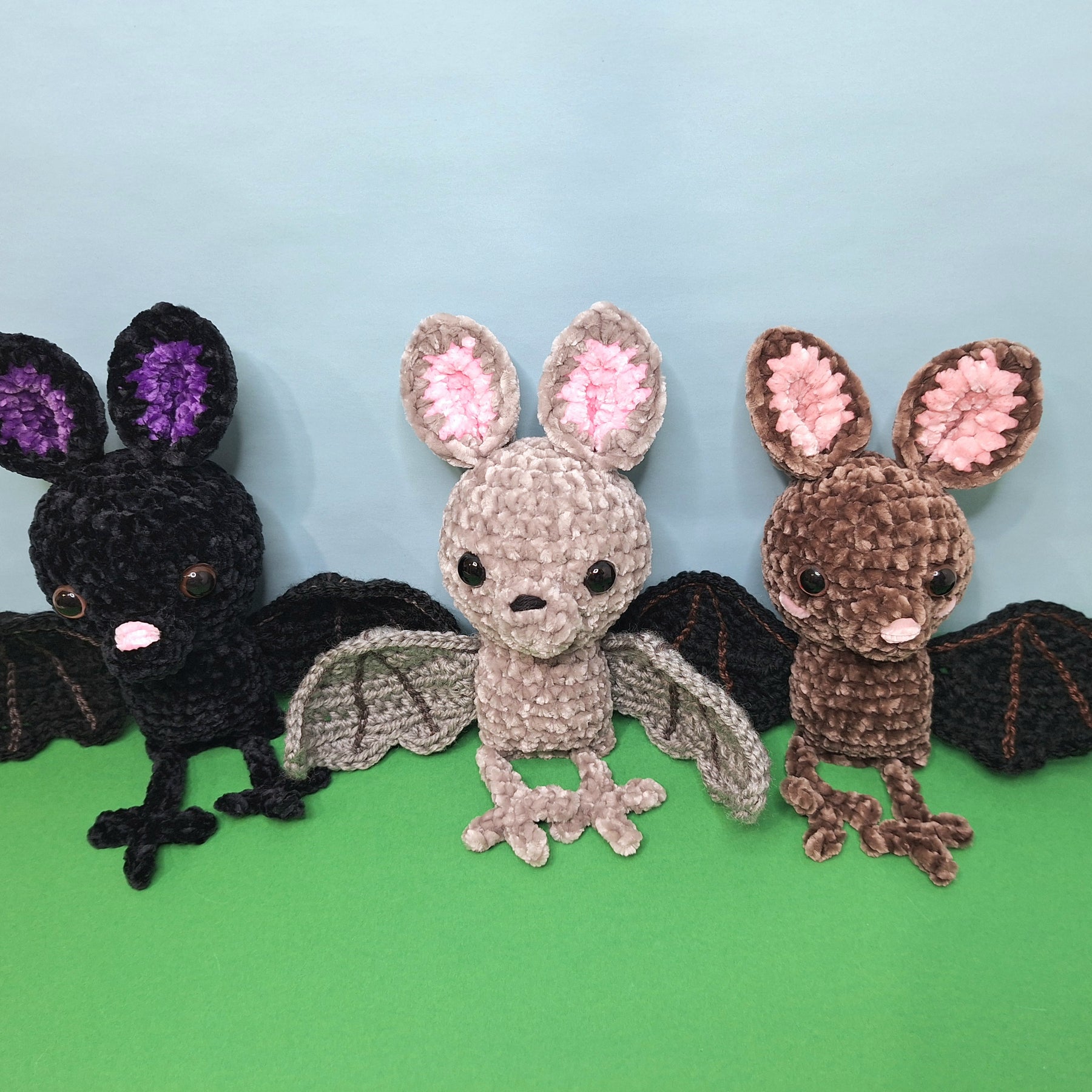 Soft, grey velvet crocheted fruit bat