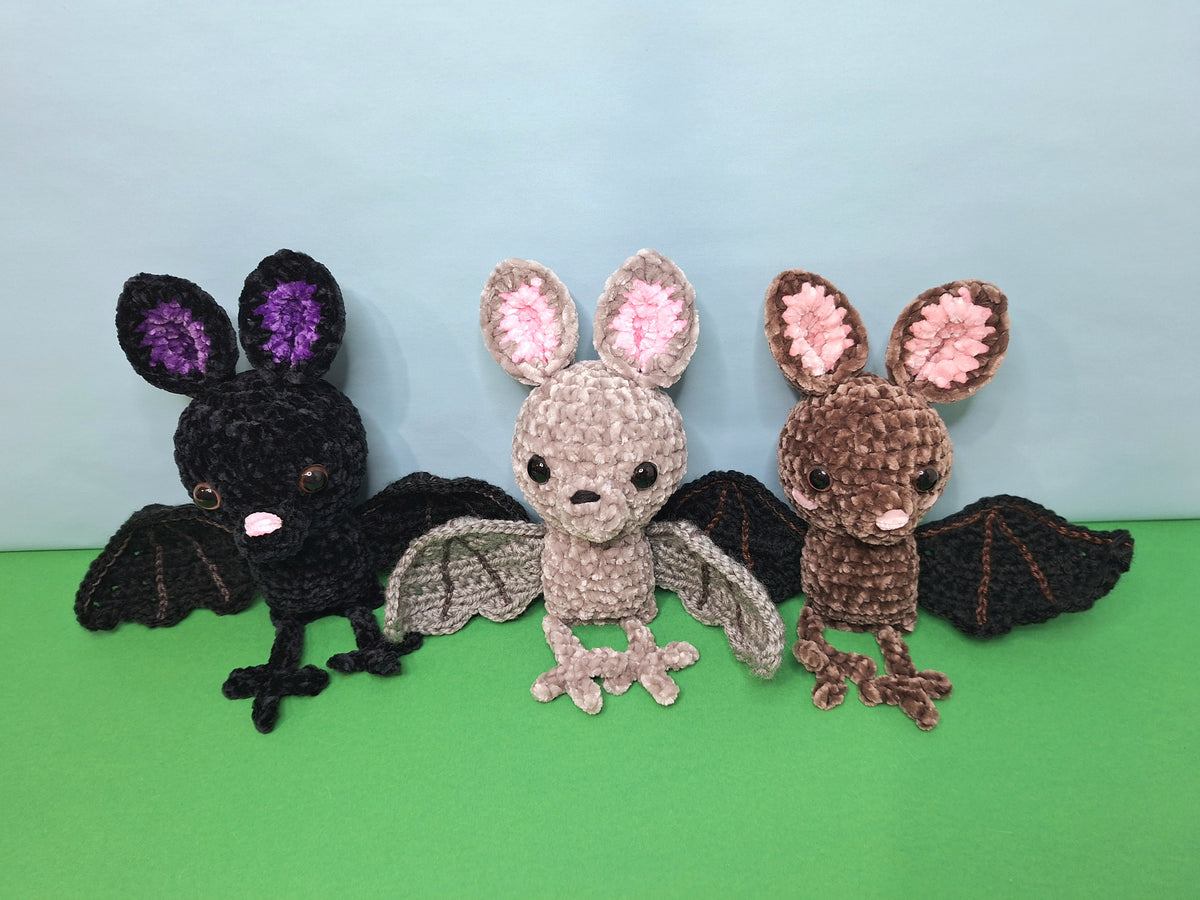 Soft, grey velvet crocheted fruit bat