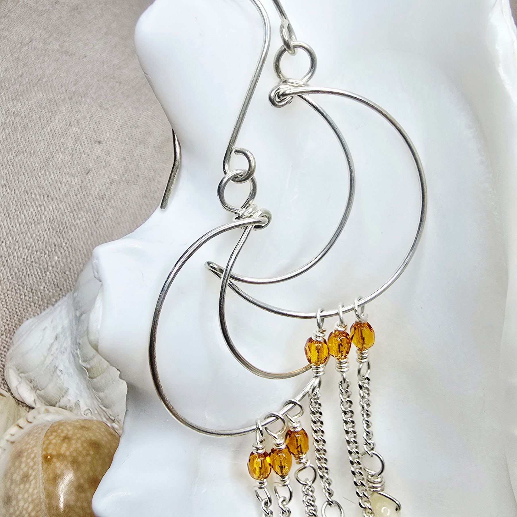 Crescent Moon Earrings in Sterling Silver with Citrine & Onyx