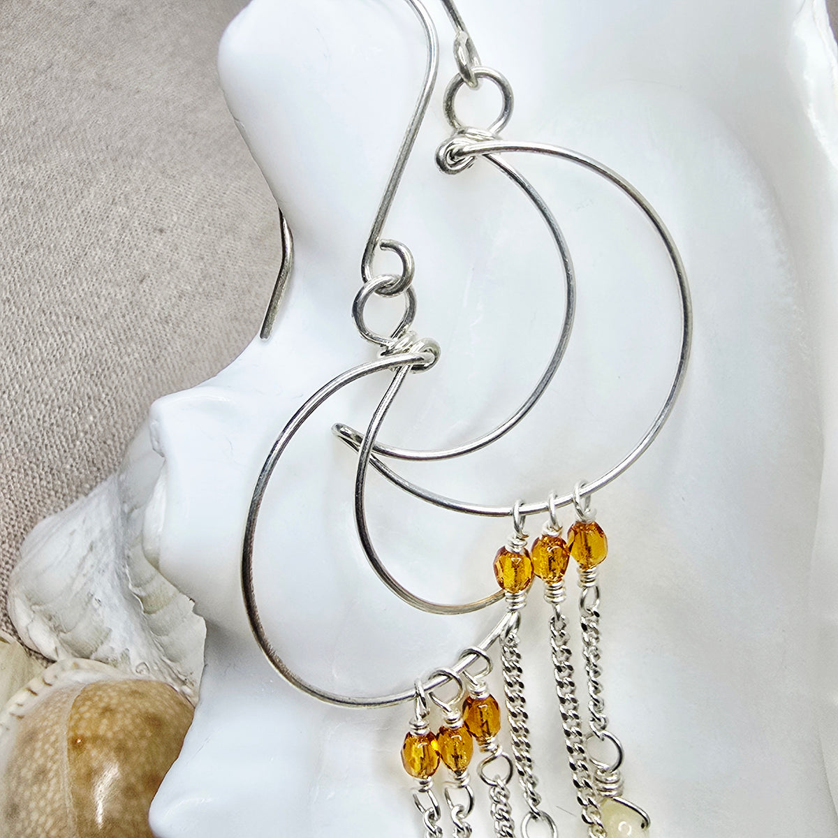 Crescent Moon Earrings in Sterling Silver with Citrine & Onyx
