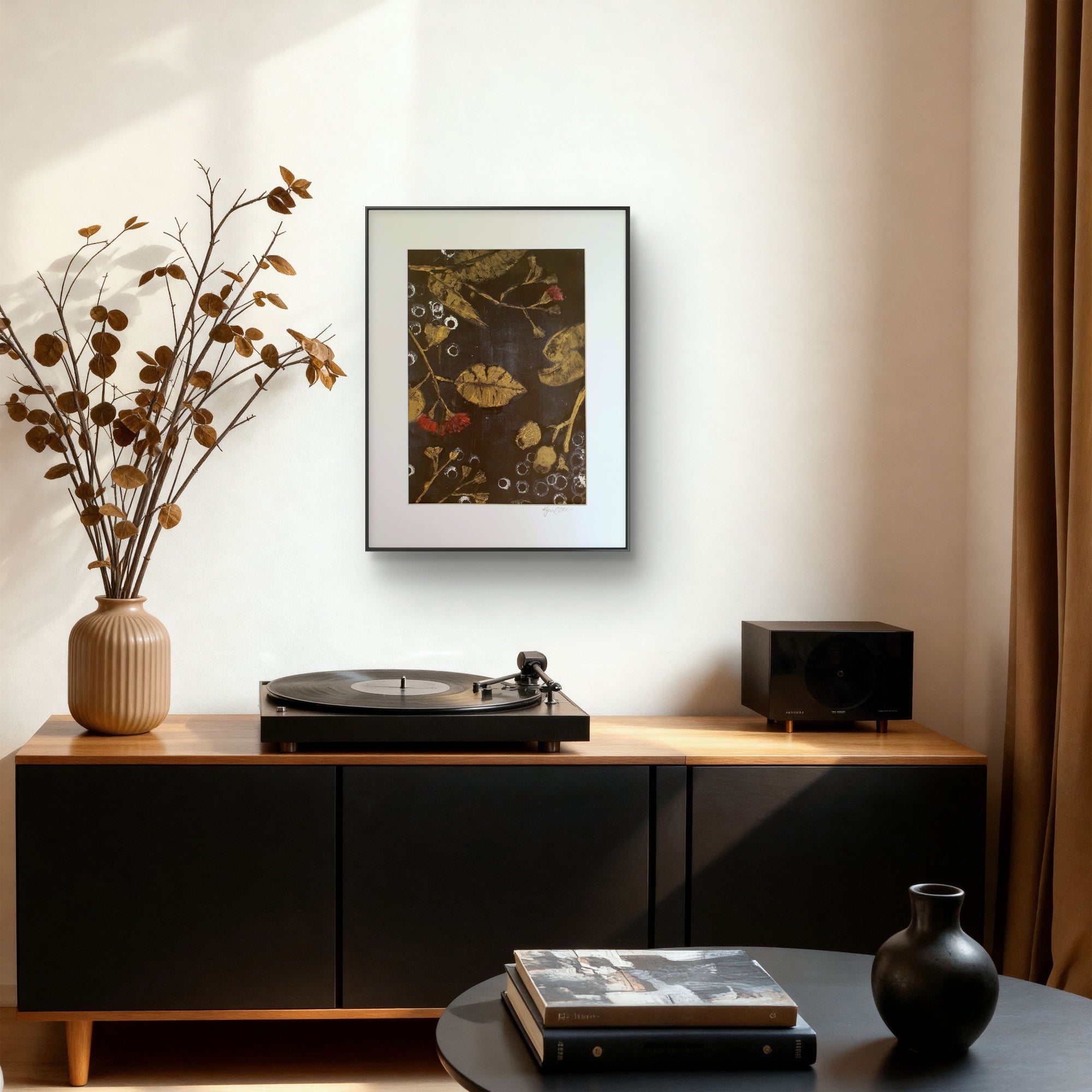 Leaves, gumnuts and blossoms | Acrylic monoprint on paper | Original Art | A4