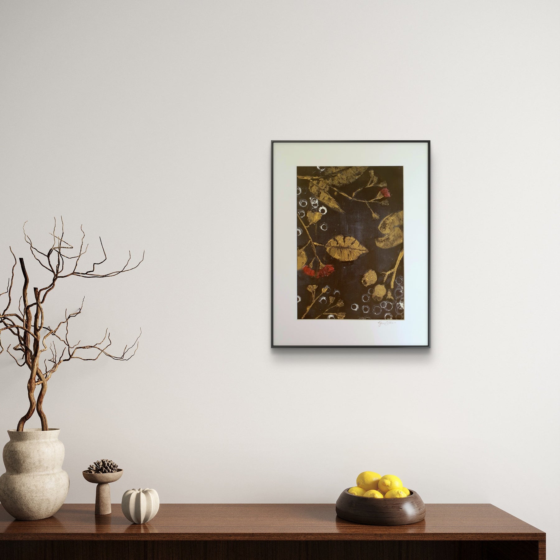 Leaves, gumnuts and blossoms | Acrylic monoprint on paper | Original Art | A4