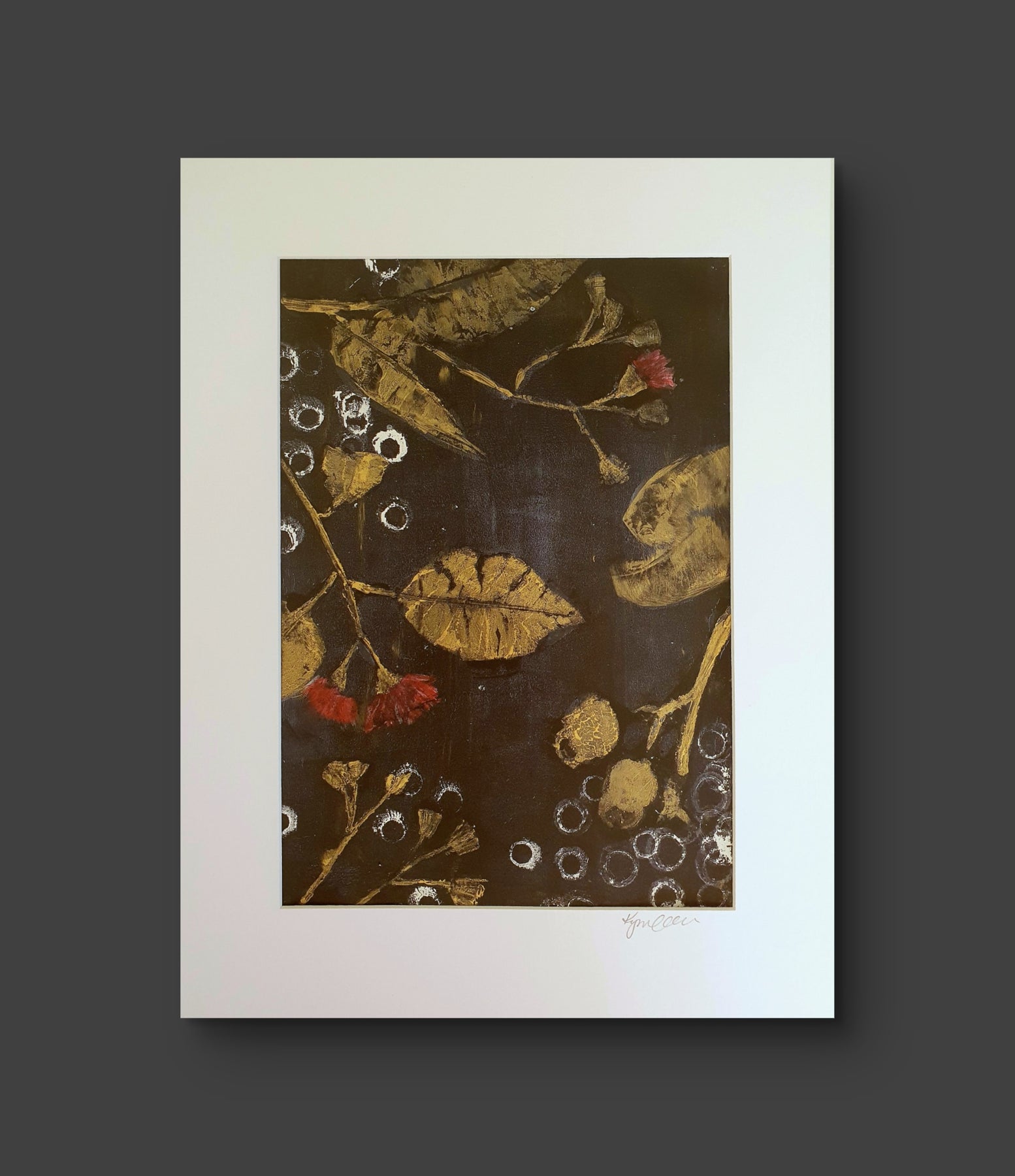 Leaves, gumnuts and blossoms | Acrylic monoprint on paper | Original Art | A4