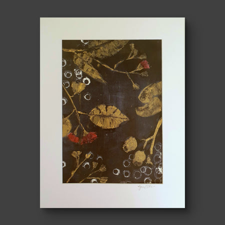 Leaves, gumnuts and blossoms | Acrylic monoprint on paper | Original Art | A4