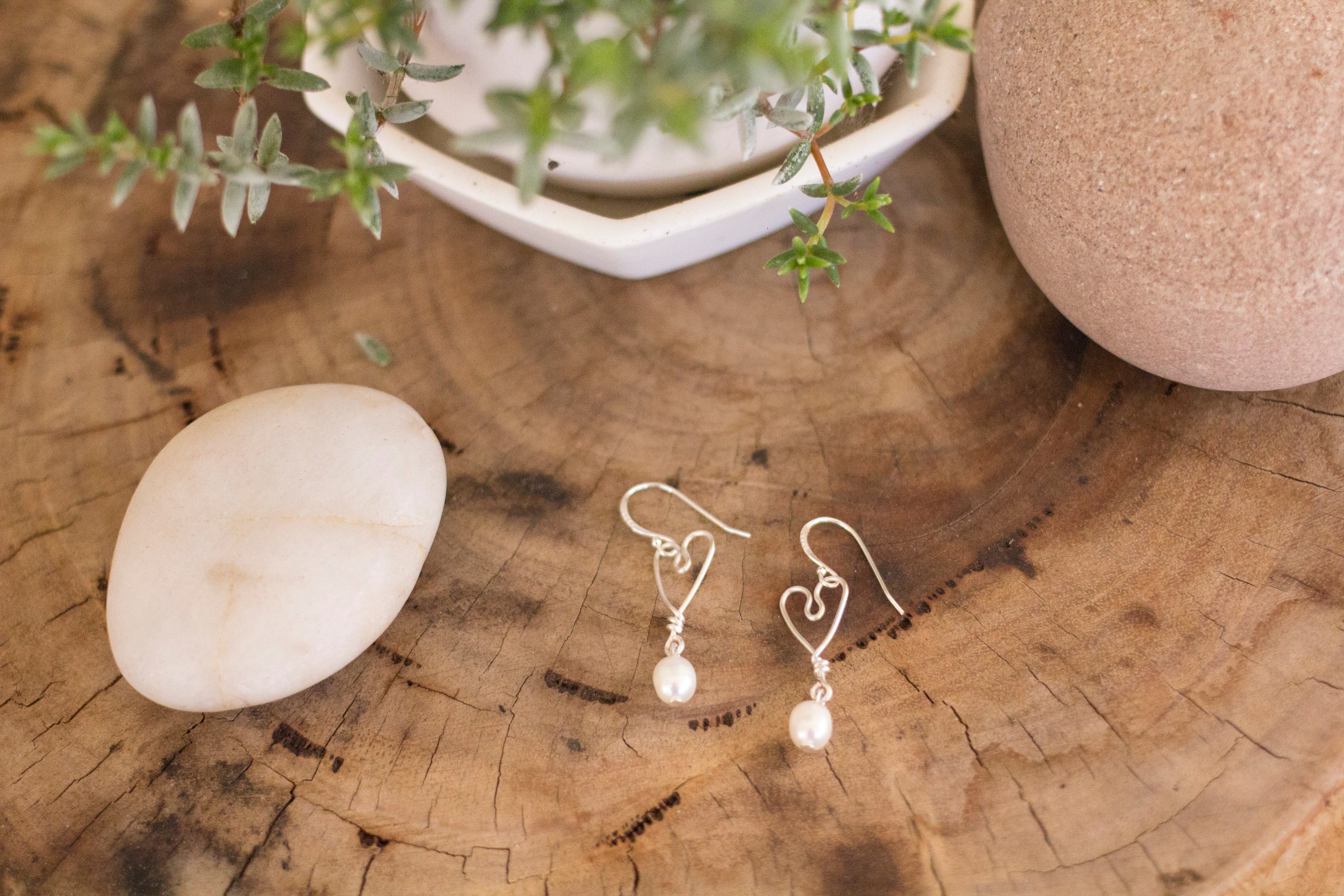 Silver Heart Earrings with Freshwater Pearls
