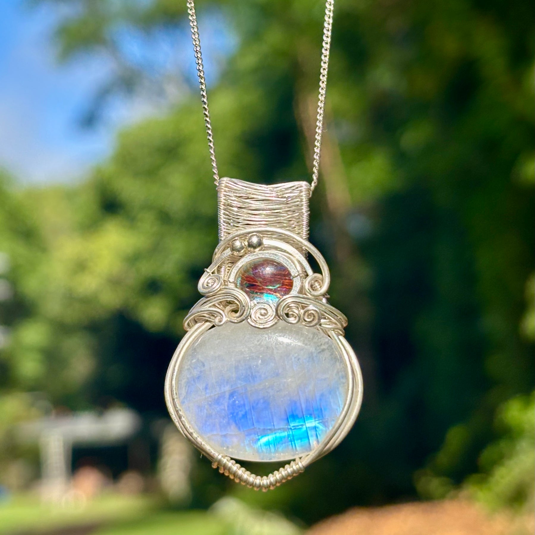 Moonstone Aura Quartz silver crystal pendant