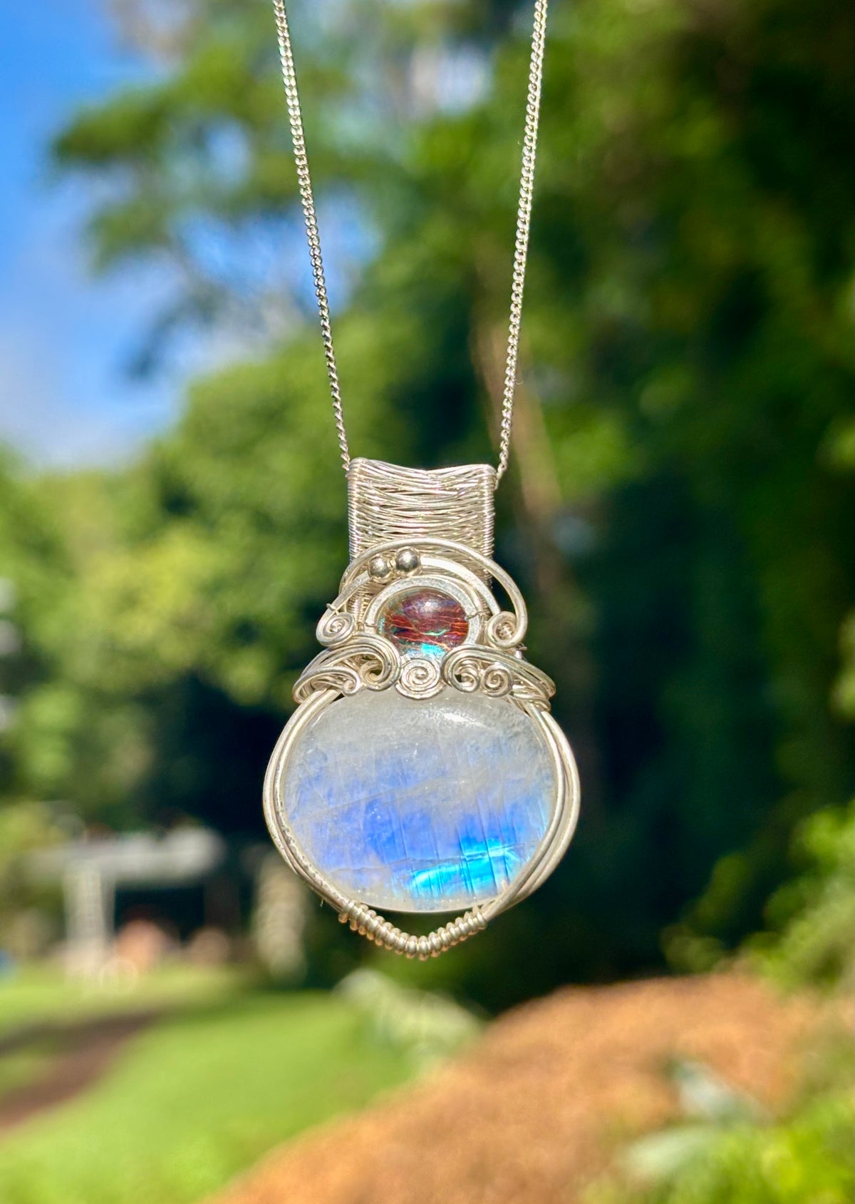 Moonstone Aura Quartz silver crystal pendant