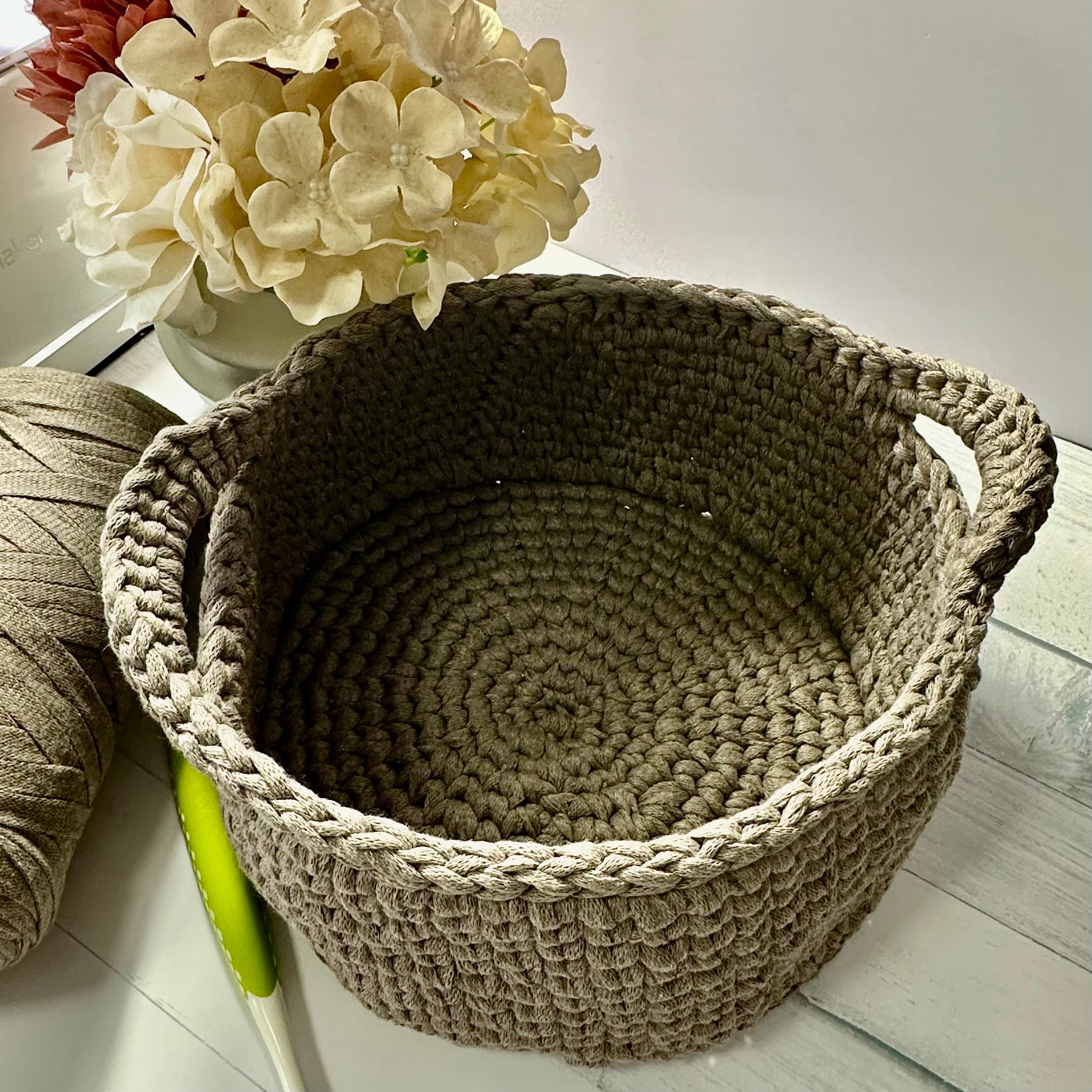 Neutral Beige Crocheted Basket - Large with Handles