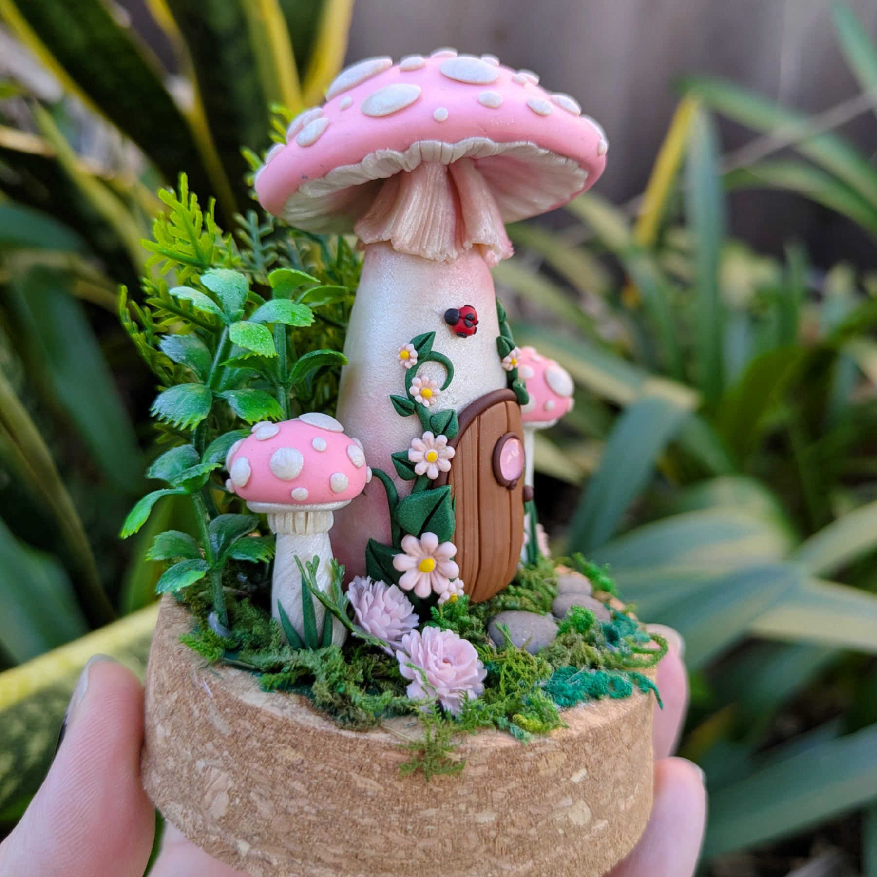 Pink Fairy Mushroom Houses in glass domes
