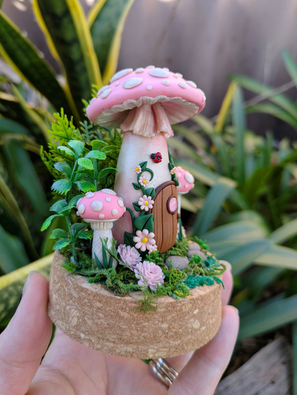 Pink Fairy Mushroom Houses in glass domes