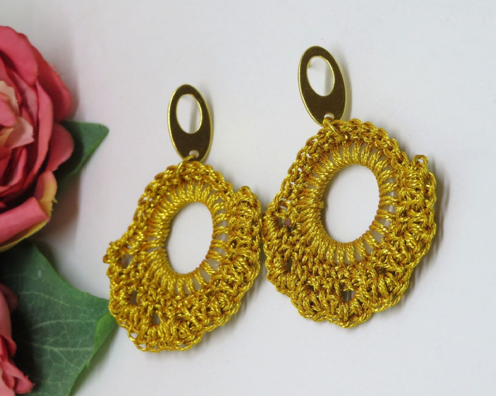 Gold Shinny Crochet Boho Thread Earrings