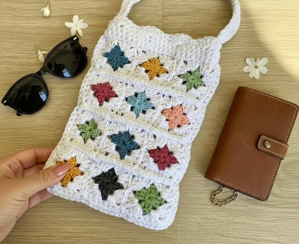 Granny Square Crossbody Bag, Handmade Boho Crochet Bag, Lightweight Everyday Tote, Beach or Market Gift