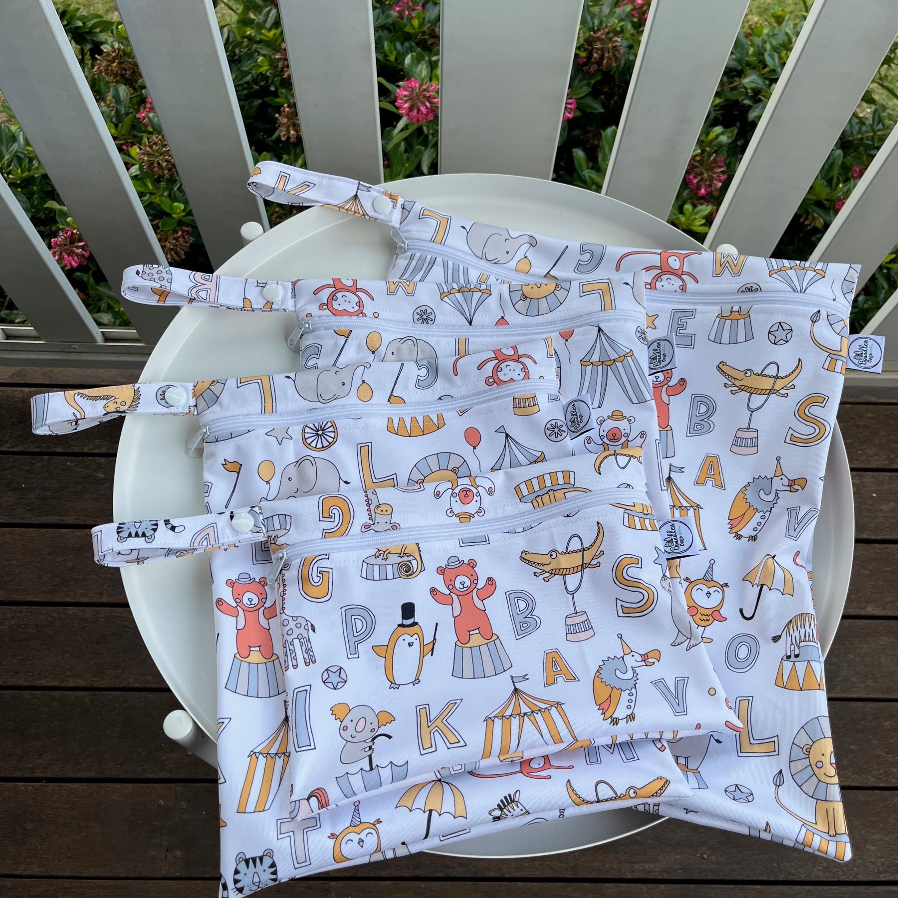 READY MADE Water-resistant wet bags - Animal Circus Alphabet (Cecca Designs)  | Ready to ship | FREE Postage