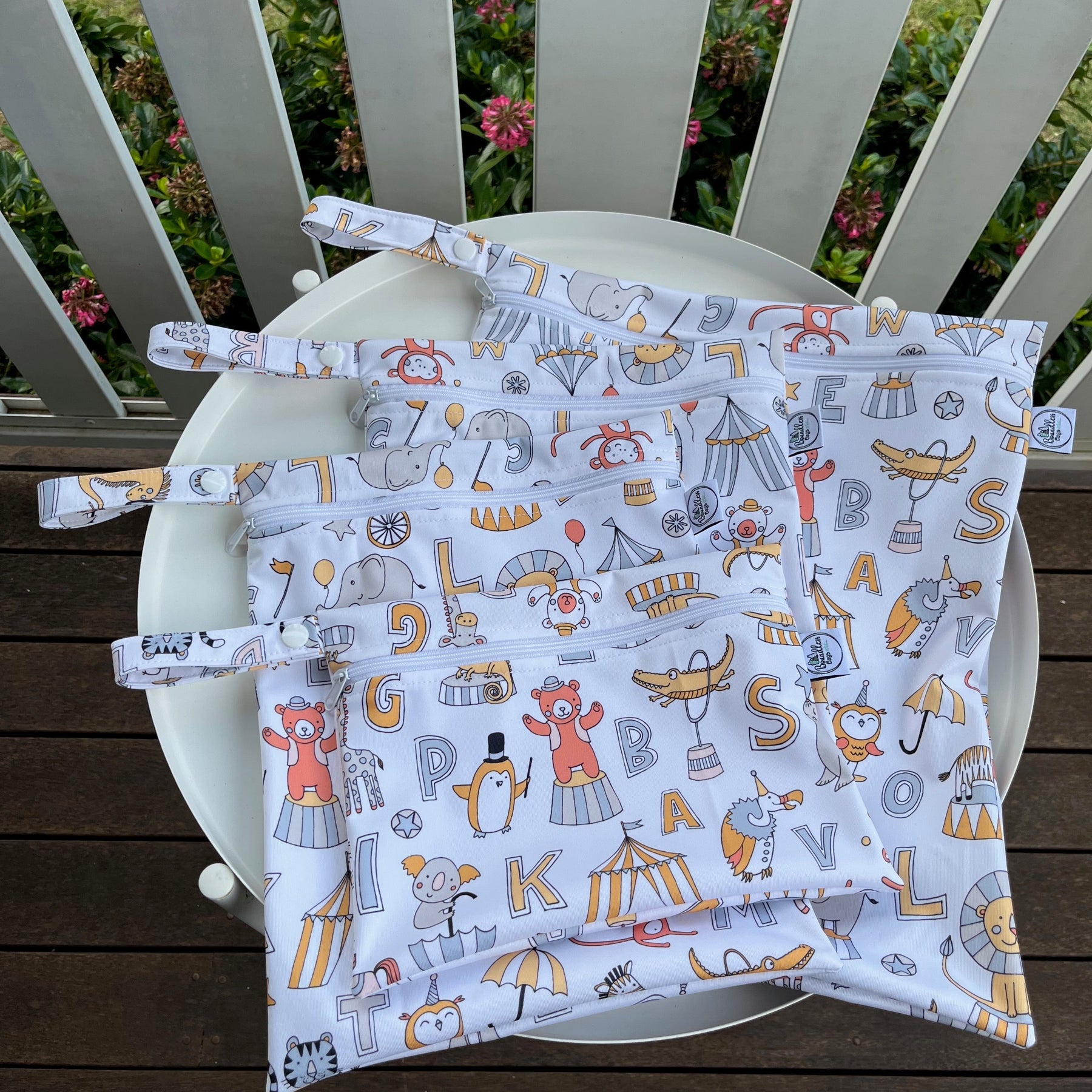 READY MADE Water-resistant wet bags - Animal Circus Alphabet (Cecca Designs)  | Ready to ship | FREE Postage
