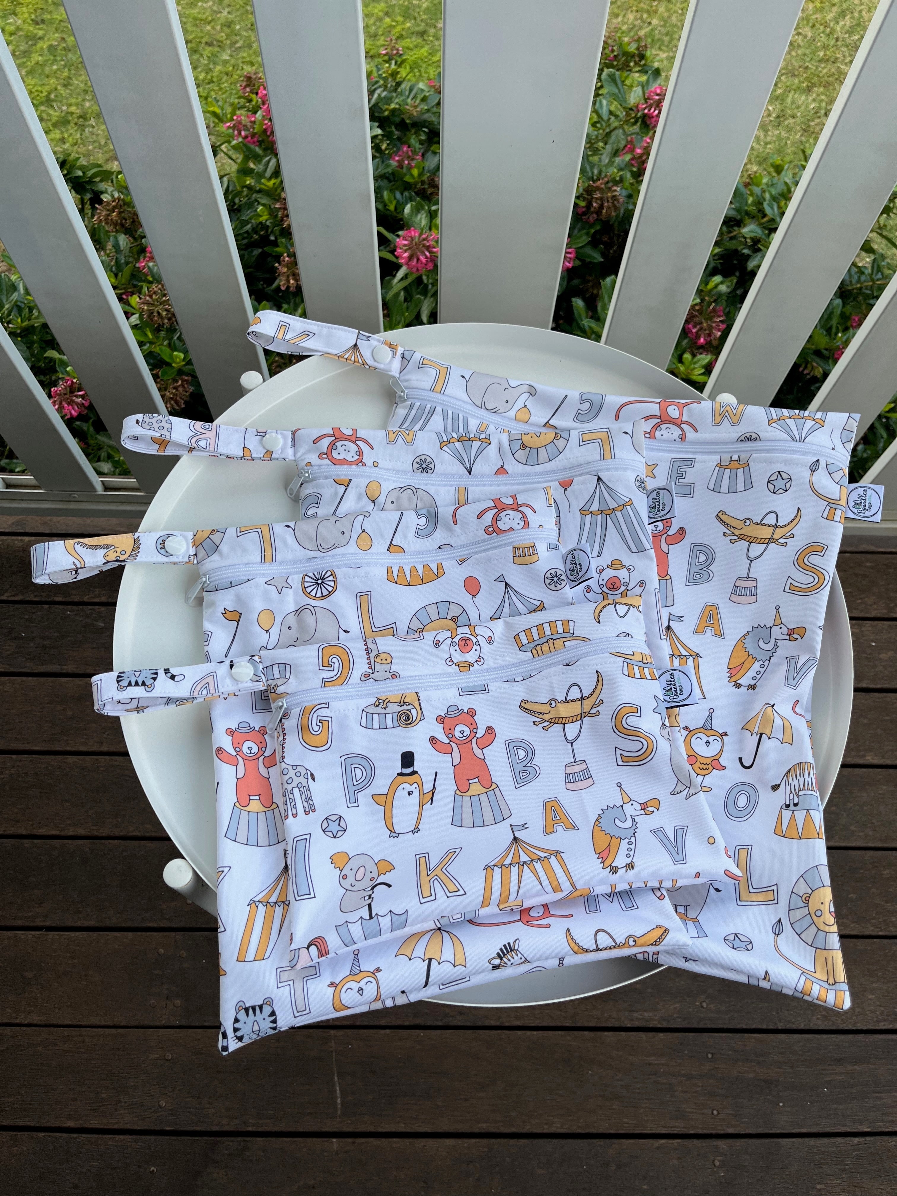 READY MADE Water-resistant wet bags - Animal Circus Alphabet (Cecca Designs)  | Ready to ship | FREE Postage