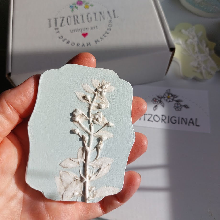Hand-pressed botanical Wall Art | Floral Bas-Relief Plaster Plaque