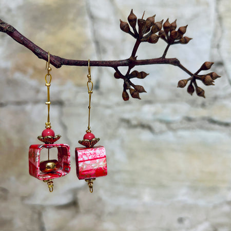 Earrings Long Pink & Gold Japanese Washi Paper: EB-99