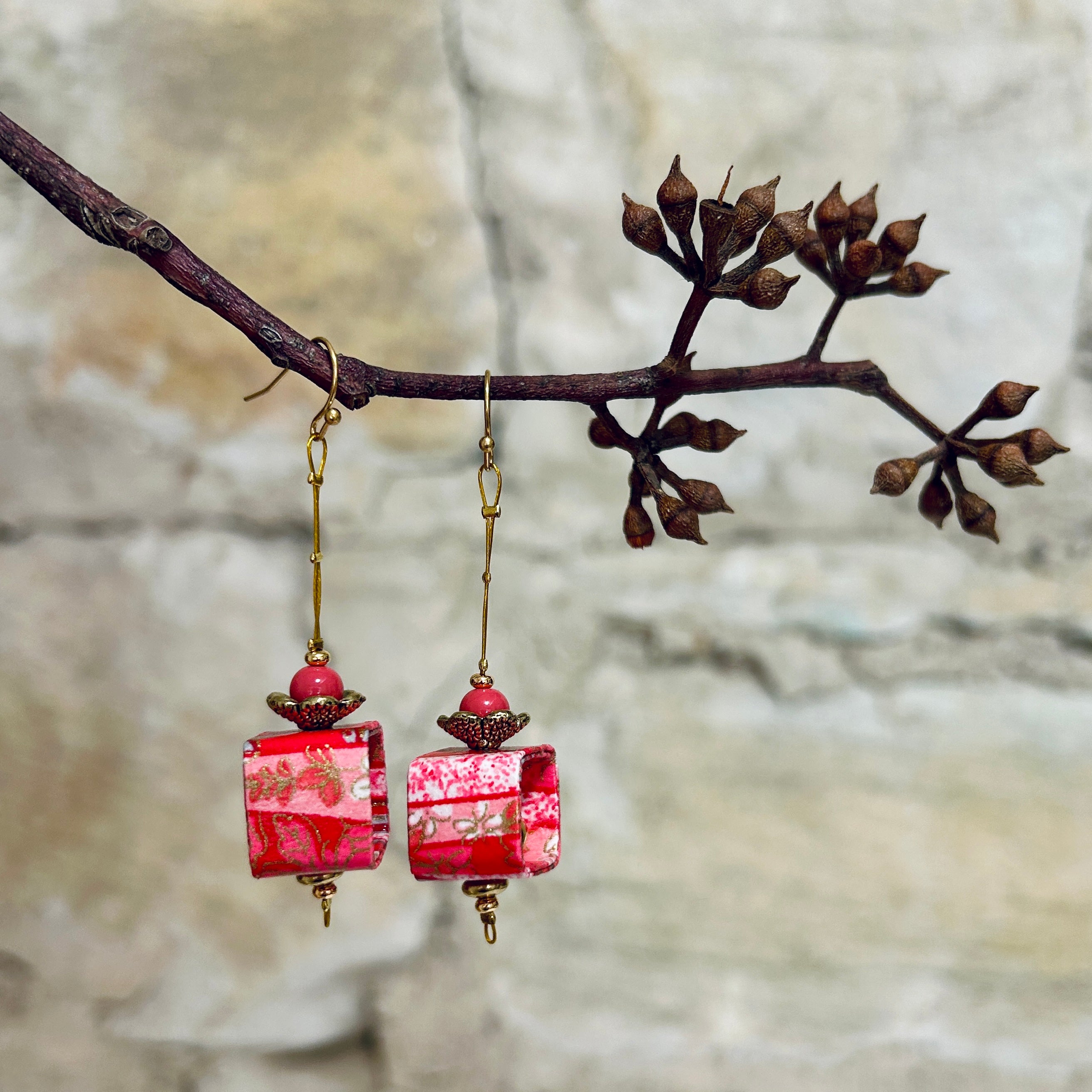 Earrings Long Pink & Gold Japanese Washi Paper: EB-99