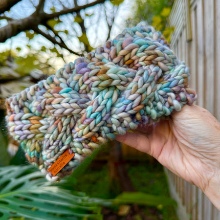 Hand Knitted Headband, Merino Wool Stretchy Ladies Rainbow Headband