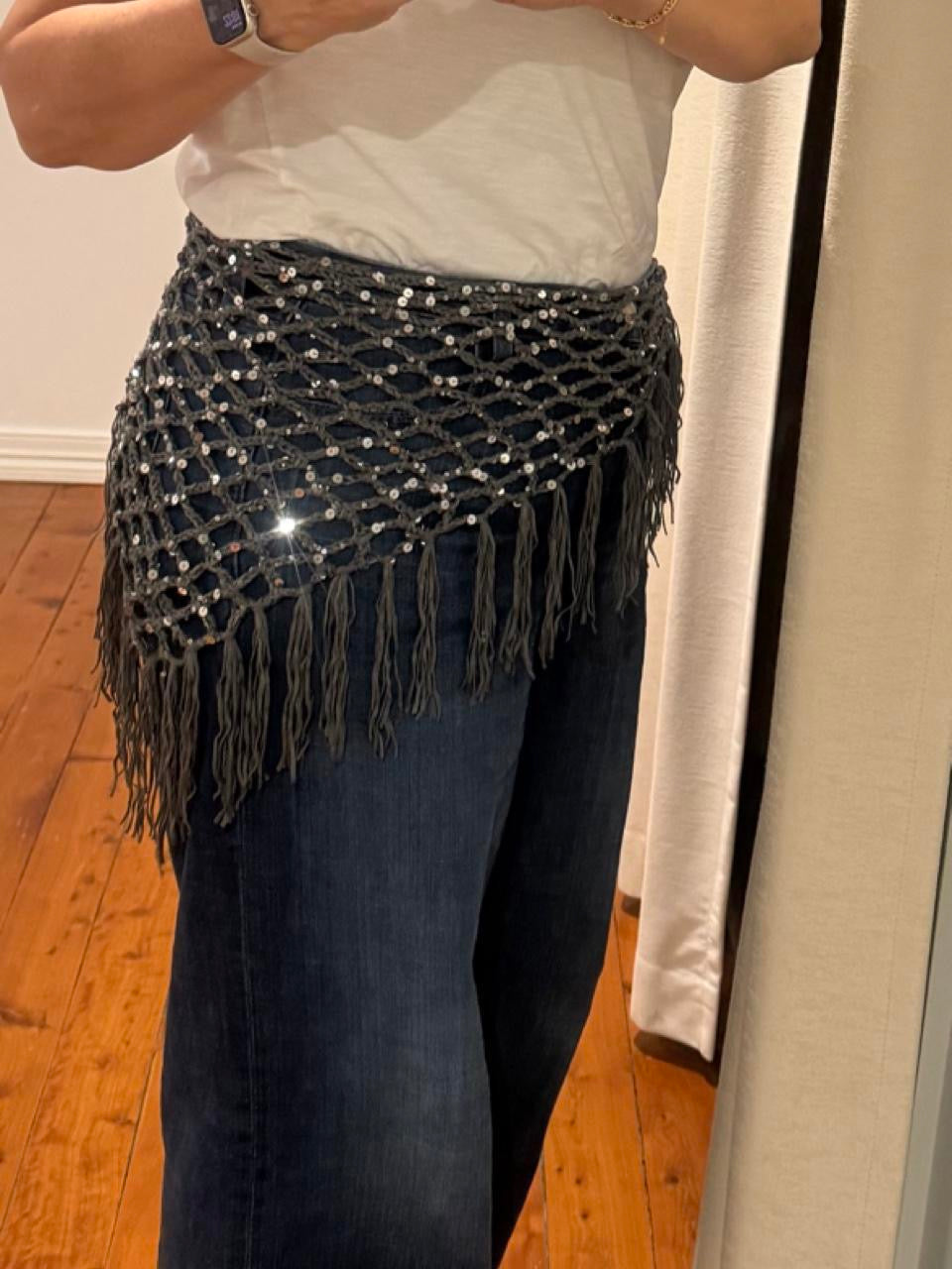Dark Grey with Silver Sequins Fringed Waist Scarf