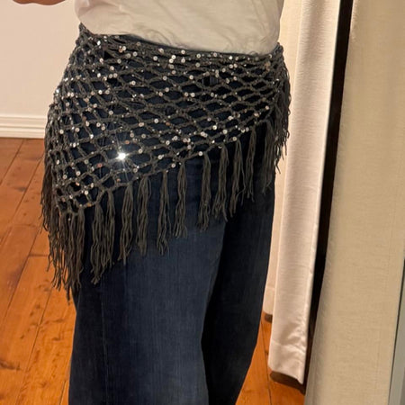 Dark Grey with Silver Sequins Fringed Waist Scarf